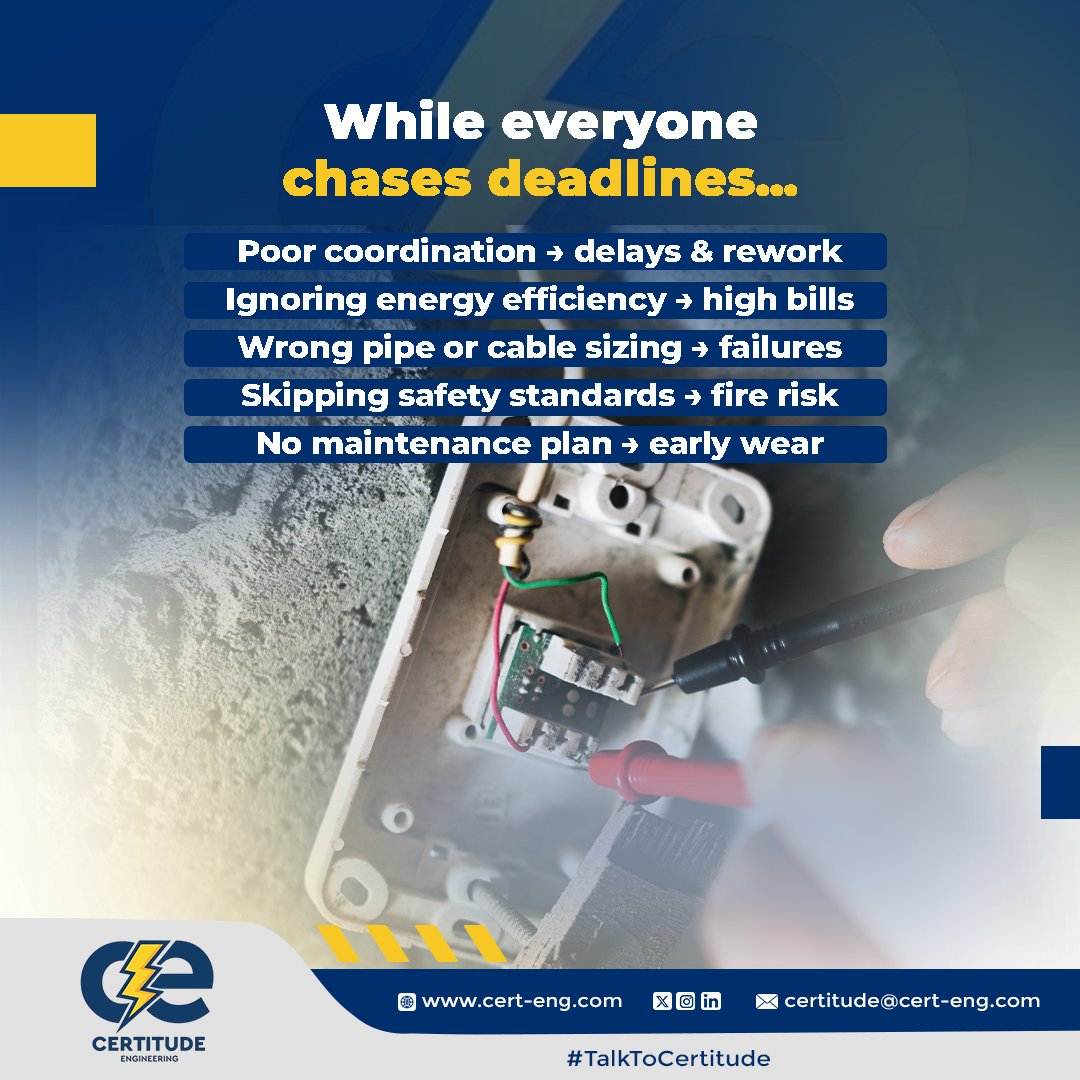 CertitudeEng's tweet image. Your project is the gateway.
 Your design is the amplifier.
 Your execution? That’s your credibility.
Could your next project survive all five mistakes?
#MEPDesign #EngineeringTips #ConstructionBestPractices #CertitudeEngineering