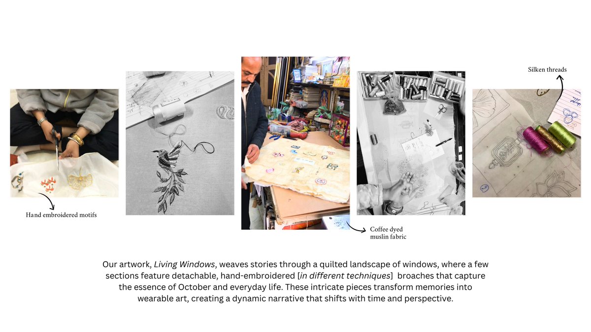 Octoberstore1's tweet image. Living Windows tells stories through quilted windows and detachable hand-embroidered brooches that turn memories into wearable art. A narrative that moves, shifts, and grows-just like life.

#LivingWindows #TextileArt #WearableArt #ArtExhibition #HandEmbroidery