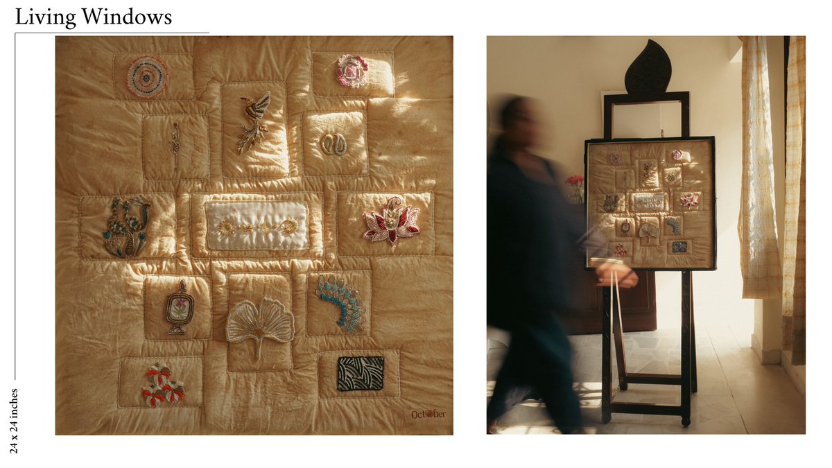 Octoberstore1's tweet image. Living Windows tells stories through quilted windows and detachable hand-embroidered brooches that turn memories into wearable art. A narrative that moves, shifts, and grows-just like life.

#LivingWindows #TextileArt #WearableArt #ArtExhibition #HandEmbroidery