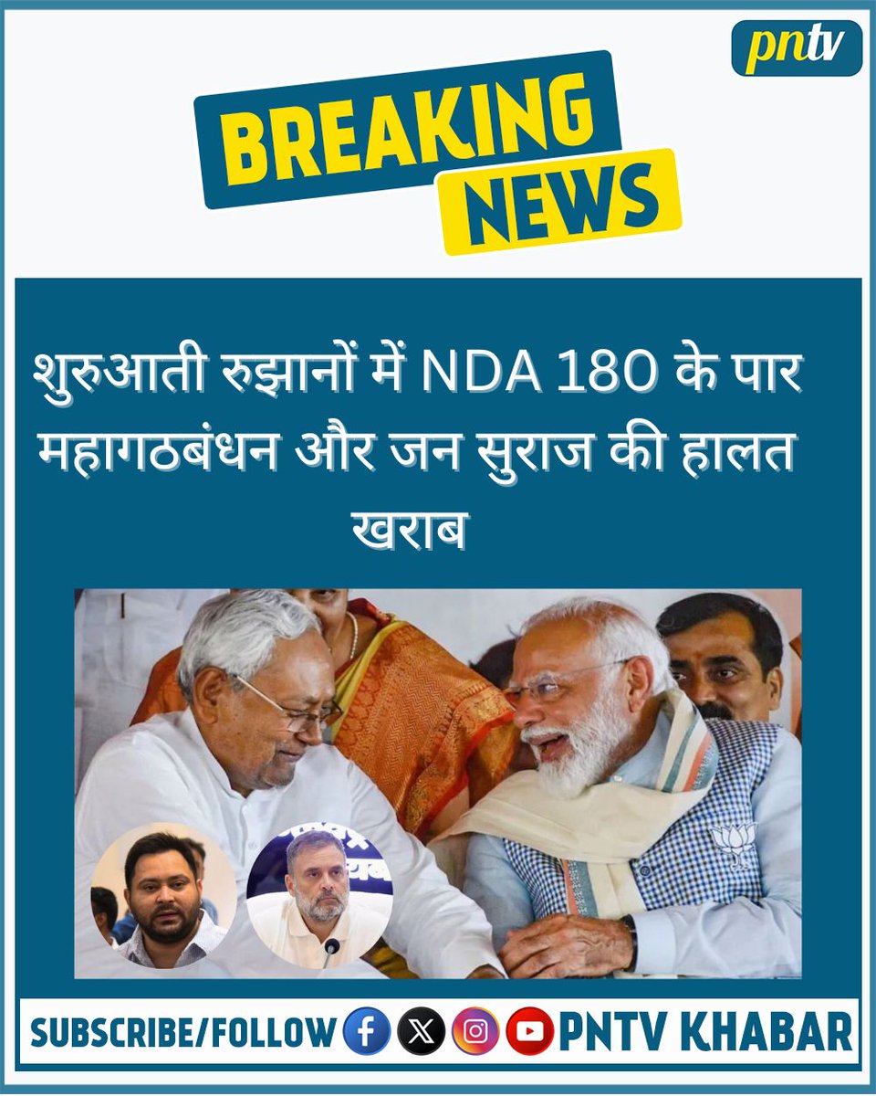 pressnewstv's tweet photo. बिहार में विधानसभा चुनावों के वोटों की गिनती जारी है। फिलहाल एनडीए ने शुरुआती रुझानों में बहुमत का आंकड़ा पार कर लिया है।
#BiharElection2025 #TejashwiYadav  https://t.co/01kwInA9MC #PNTV #pressnewstv https://t.co/lnShBrzHTE