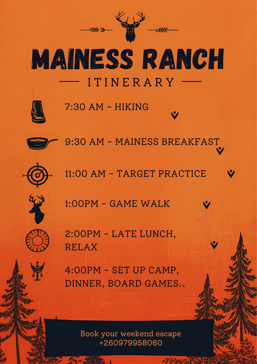 mainess_ranch's tweet photo. Weekends are for adventure 🏹
Here’s what a day at Mainess Ranch could look like - hikes, good food, target practice, game walks, campfires..: the works. 
Pick your vibe, we’ll make it happen. 🔥 

#MainessRanch #WeekendEscape #ZambiaAdventures https://t.co/jVvKmOvYgB