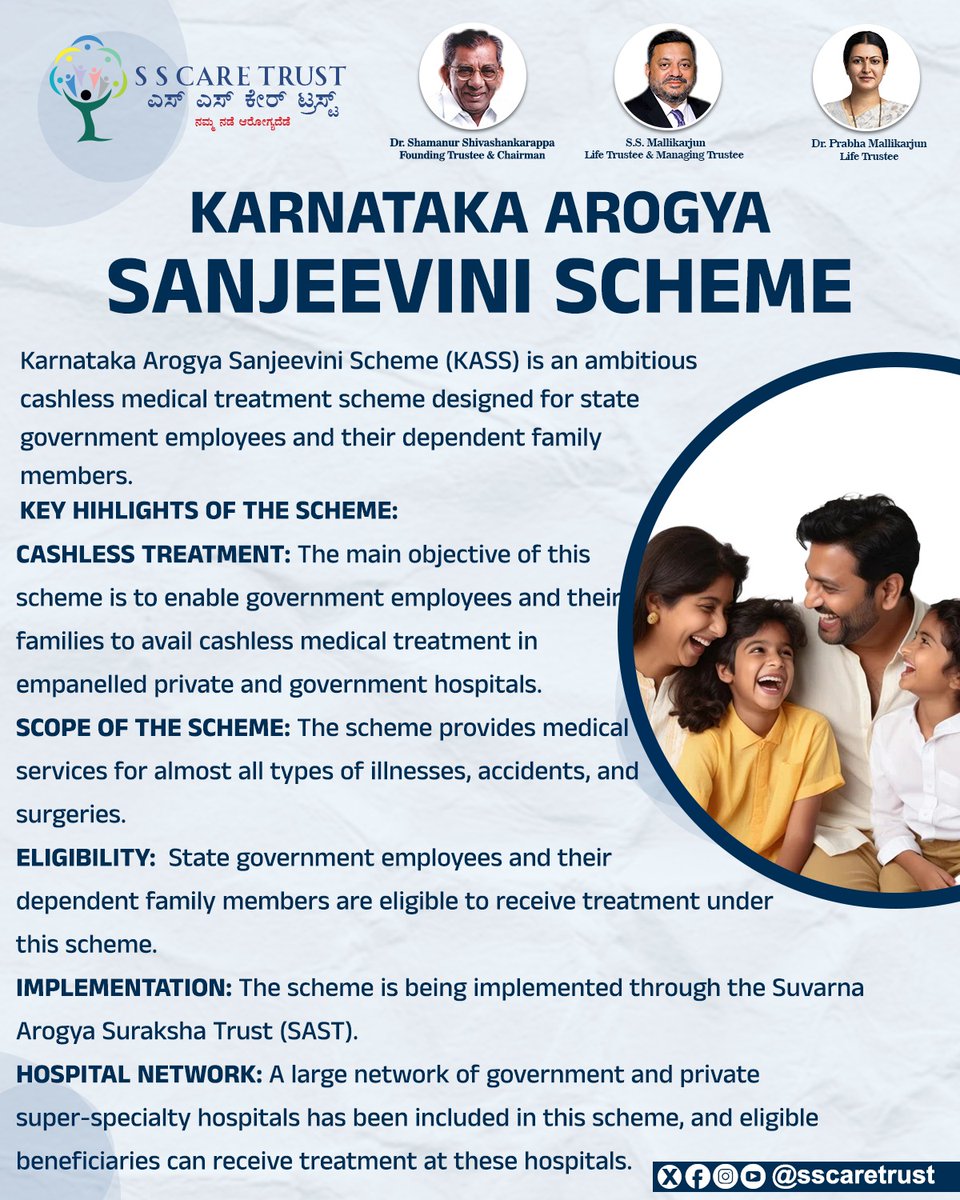 SSCareTrust's tweet image. ಕರ್ನಾಟಕ ಆರೋಗ್ಯ ಸಂಜೀವಿನಿ ಯೋಜನೆ (KASS)
ಸರ್ಕಾರಿ ನೌಕರರು ಮತ್ತು ಅವರ ಕುಟುಂಬಗಳಿಗಾಗಿ ರೂಪಿಸಲಾದ ಜೀವಾಳ — ನಗದುರಹಿತ ಚಿಕಿತ್ಸೆ, ವಿಶಾಲ ಆಸ್ಪತ್ರೆ ಜಾಲ ಮತ್ತು ಸಂಪೂರ್ಣ ವೈದ್ಯಕೀಯ ಆವರಣವನ್ನು ಒದಗಿಸುವ ಯೋಜನೆ.
ನಿಮ್ಮ ಆರೋಗ್ಯವೇ ನಮ್ಮ ಆದ್ಯತೆ.
#ArogyaSanjeevini #KarnatakaHealthScheme
#PublicHealthCare #SSCareTrust