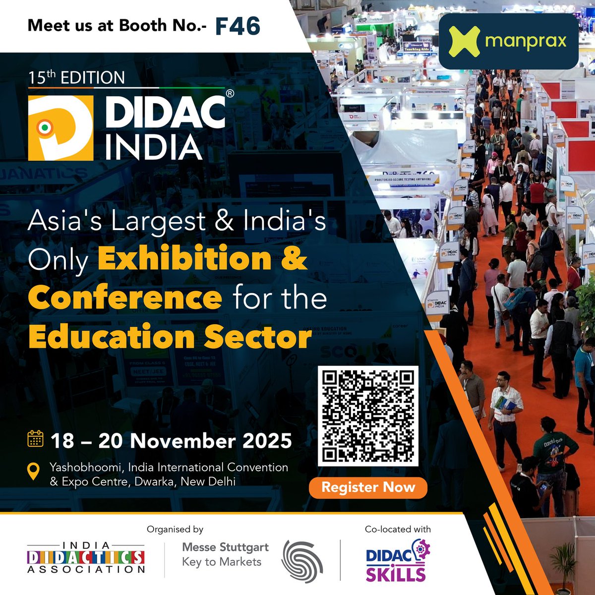 ManpraXOfficial's tweet photo. Come meet us at #DIDACIndia2025!
We’re at Yashobhoomi, New Delhi | Nov 18–20 | Stall F46 showcasing smarter, simpler EdTech solutions.
Walk in for a free 1-hour consultation and let’s talk learning tech that actually works. https://t.co/UupllIRErP