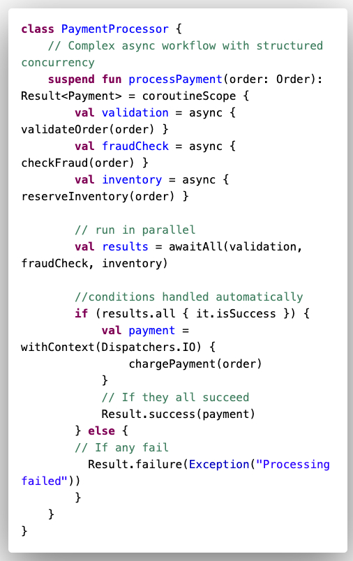 heavens__v's tweet image. 🚀 Built payment workflow using Kotlin&apos;s structured concurrency.

Three checks in parallel: validation, fraud, inventory. ✅

All succeed → charge on Dispatchers.IO 💳
Any fail → cancel safely 🛡️

Clean, fast
Kotlin coroutines FTW ⚡️

#Kotlin #Coroutines #AndroidDev