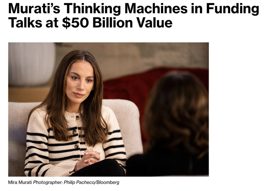 Startup valuations are hitting unbelievable territory.

Mira Murati is already in early talks to raise a new round at roughly $50B, which is four times the $12B valuation her company had just four months ago.

In July, she announced one of the largest seed rounds ever with $2B