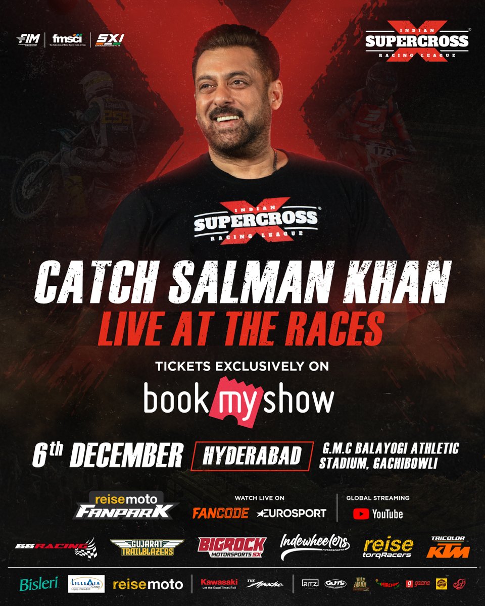Hyderabad, get ready for a night that’s going full throttle! 🔥🏁

Superstar <a href="/BeingSalmanKhan/">Salman Khan</a>  is coming LIVE to the ISRL races — and you don’t want to miss a second of the action. ⚡💥

🎟 Tickets exclusively on <a href="/bookmyshow/">BookMyShow</a> 
👉 Book now using the link:
in.bookmyshow.com/sports/indian-…