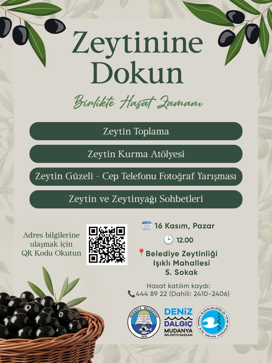Mudanya’nın bereketli topraklarında “Zeytinine Dokun” diyoruz!

Dalından zeytin toplayacak, atölye ve yarışmalarda buluşacak, sohbetlerle emeğin ve dayanışmanın gücünü birlikte hissedeceğiz.

Hasat katılım kaydı: 
📞444 89 22  (Dahili: 2410-2406)

🗓 16 Kasım, Pazar
⏰ 12.00
📍