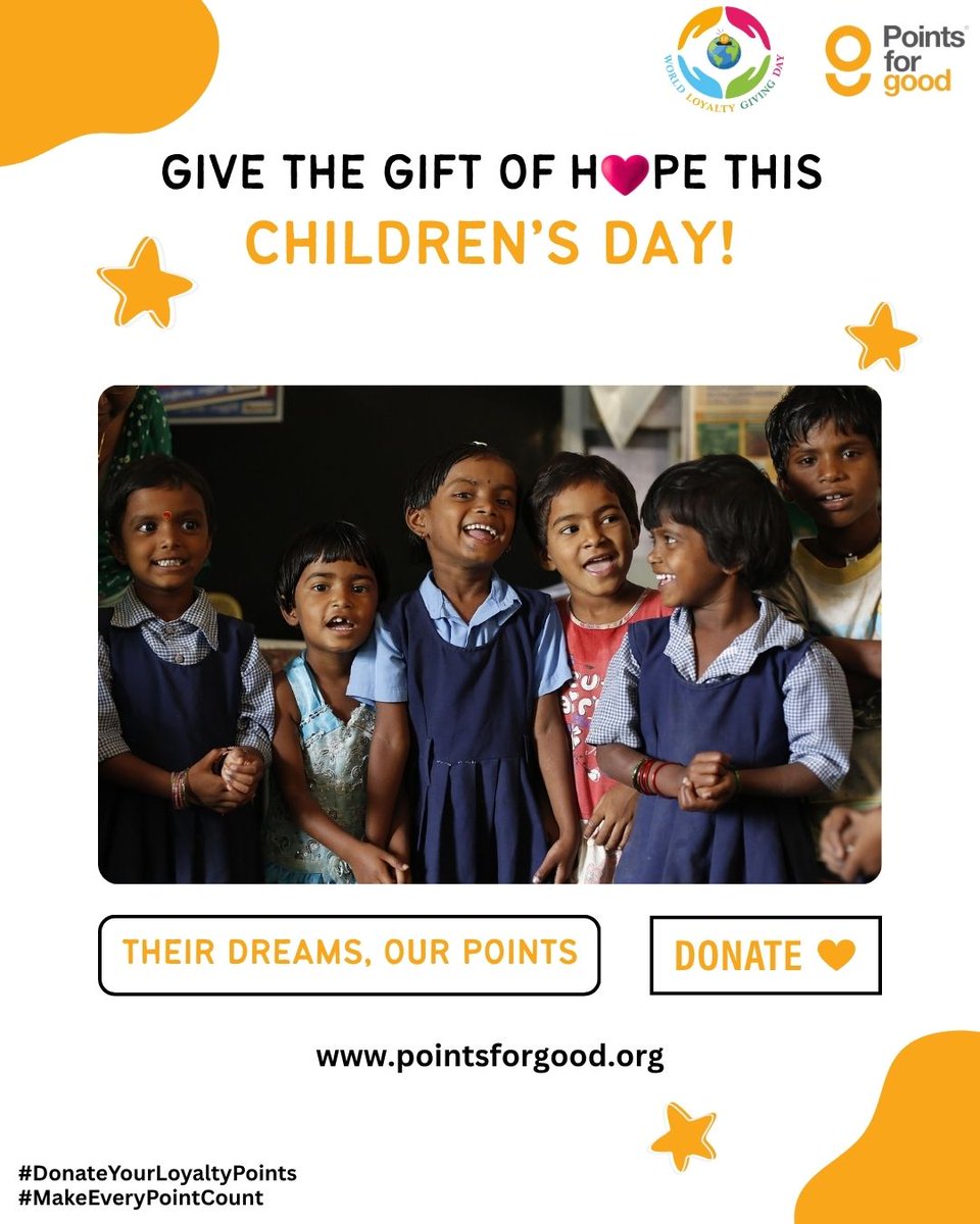 This Children’s Day, let’s turn unused reward points into opportunities for children to learn, grow, and dream bigger.
Turn your loyalty points into hope for children across India.

pointsforgood.org
Support using UPI, Debit/Credit card: pages.razorpay.com/PFGCharity