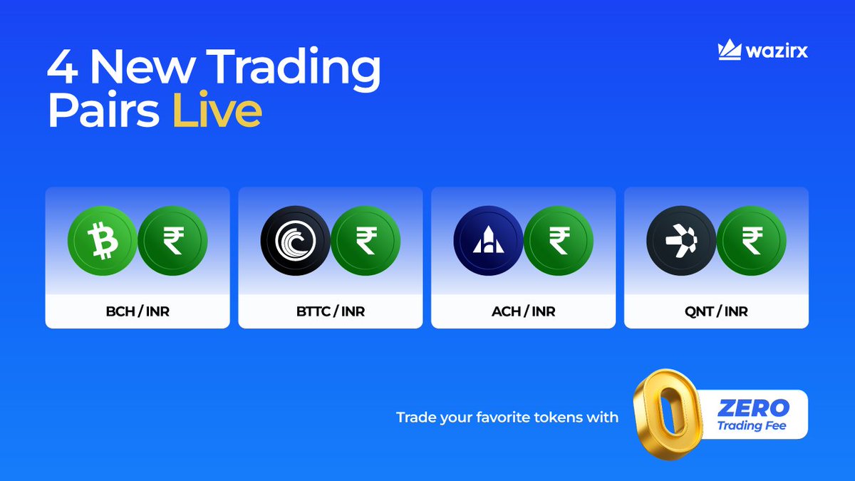 WazirXIndia's tweet image. Wrapping up the week with 4 new INR pairs 🚀

Order placement is now open for BCH, BTTC, ACH, and QNT in the INR market.

Order matching starts at 5 PM IST.

Place your orders in and be ready to trade by evening ⚡️