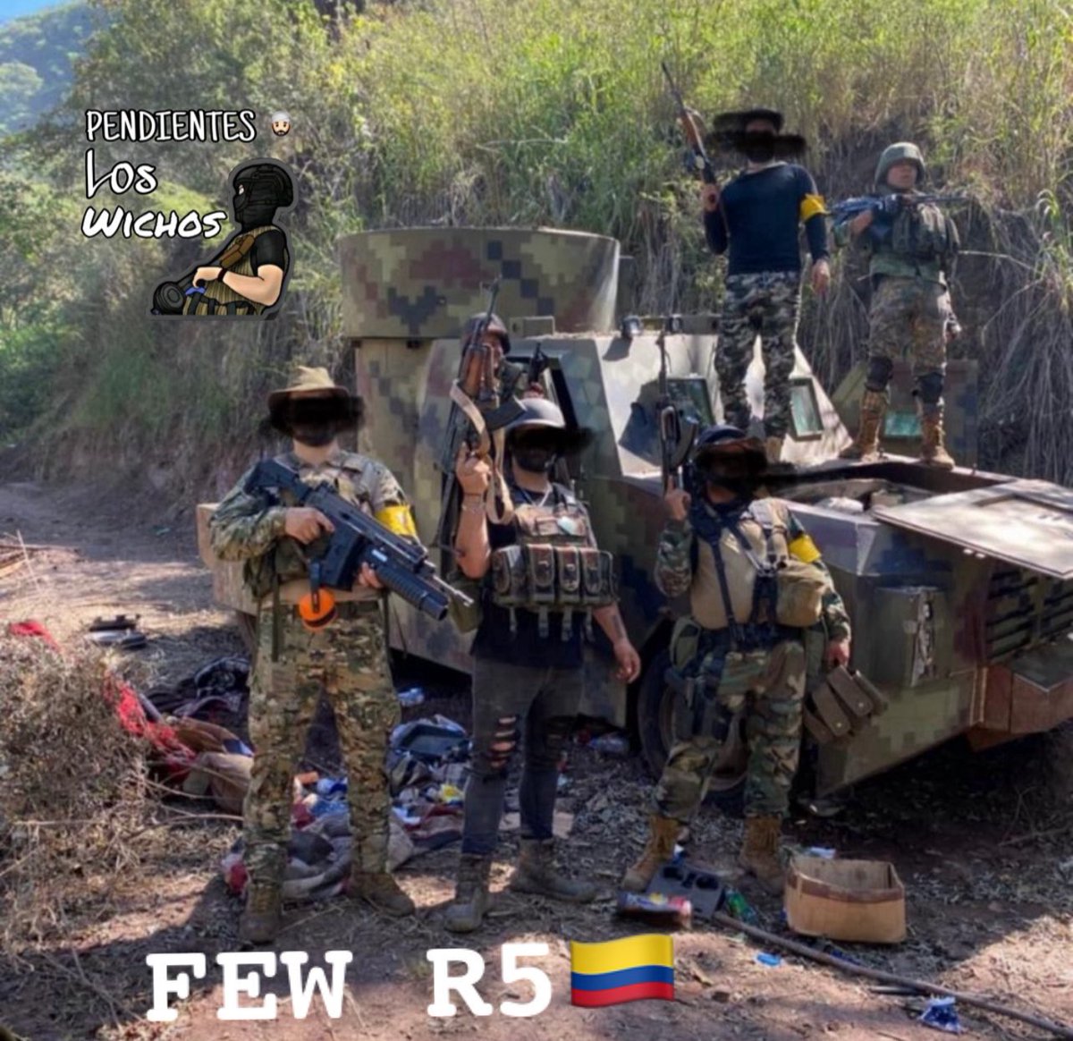 All_Source_News's tweet image. Photo showing a group of Colombian mercenaries active with R5 of CU in Michoacán. The destroyed up-armored vehicle belonged to their rivals CJNG.

Sent by an anonymous source.