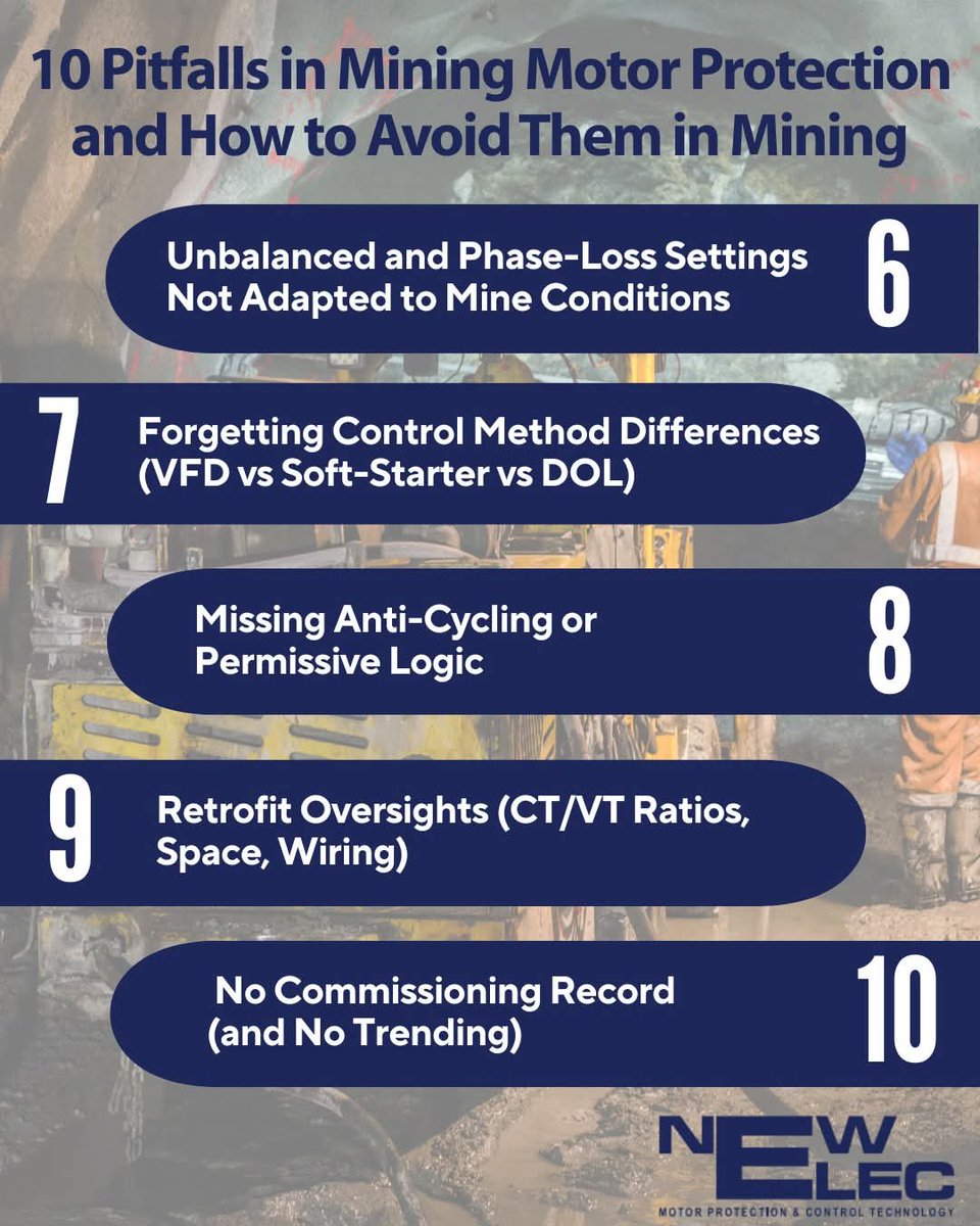 We analysed the 10 most common pitfalls we see across Mines, MCC panels, and retrofit environments especially on VFD-driven equipment, conveyors, crushers, pumps, and high-inertia applications.
 newelec.co.za/the-10-pitfall… 

#Mining #MotorProtection #ElectricalEngineering #VFD