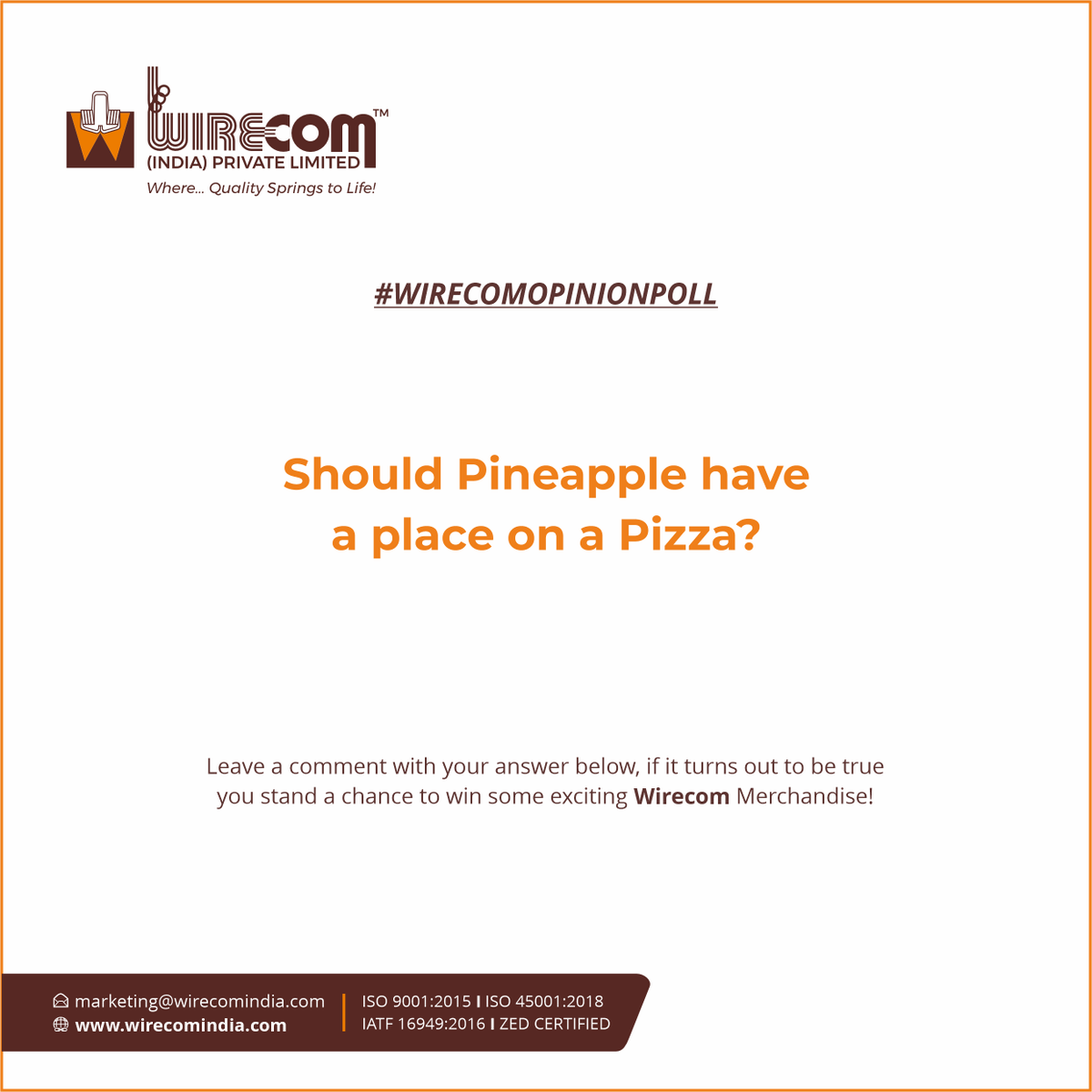 WirecomIndia's tweet image. 🍕✨The great pizza debate is ON!
Should pineapple belong on pizza? 🍕🍍 Vote below &amp;amp; join the #WirecomOpinionPoll — your answer could win you exclusive Wirecom goodies! 🎁

#pineapplepizza #officefun #pineapplepizzadebate #saturdayvibes #weekendfun #weekendmood #saturdayfun