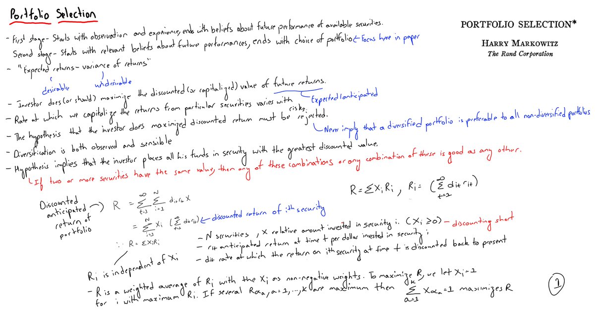 pragyanbo's tweet photo. Sharing my notes from the study of 'Portfolio Selection' by Harry Markowitz.

Paper link: https://t.co/kpWSvWVlqf

A paper that started the emphasis on looking portfolios as a whole rather than individual securities. https://t.co/FqJd1XI86Y