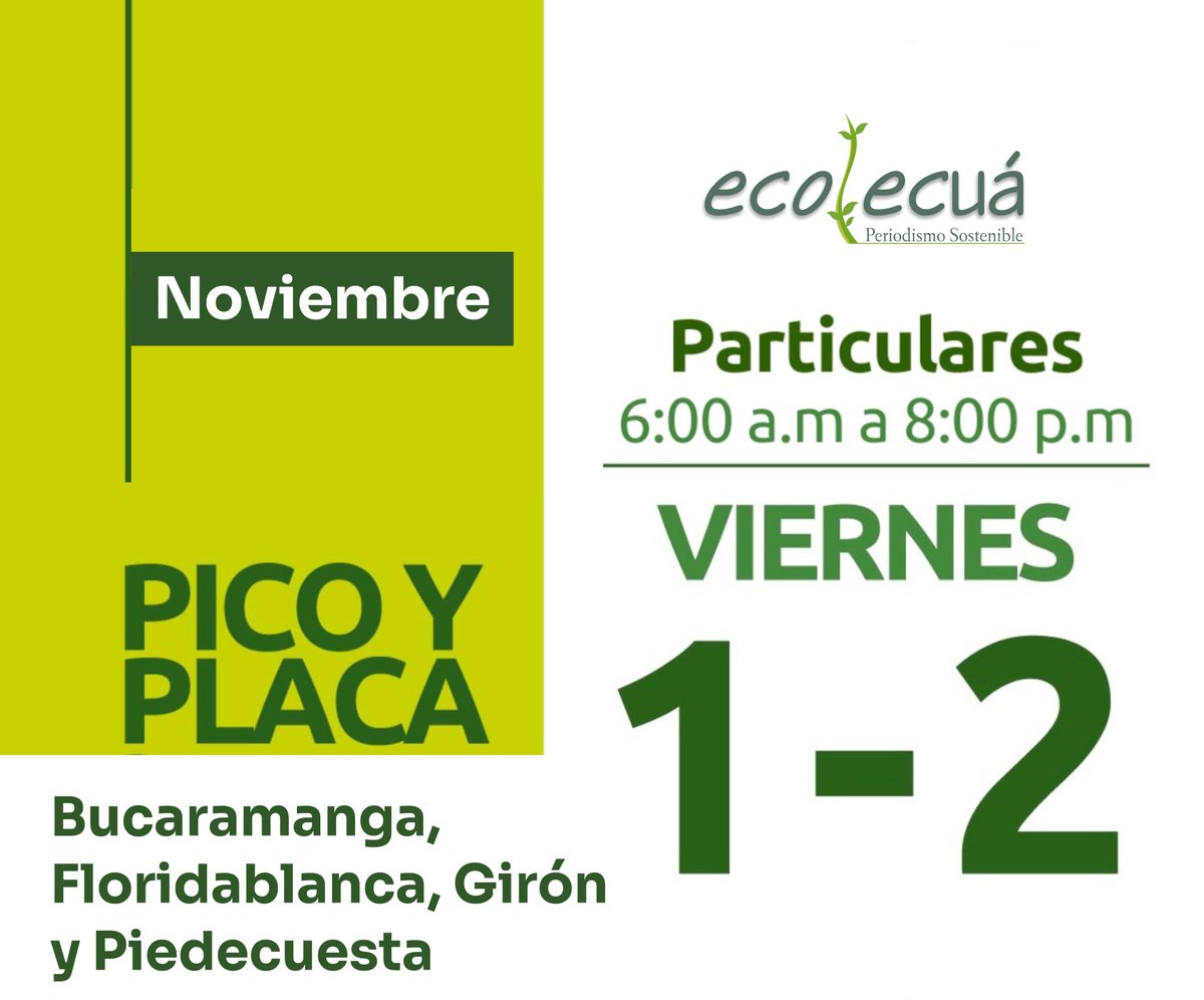 Hoy es viernes 21 de noviembre y este es el #PicoyPlaca en el área metropolitana de Bucaramanga.