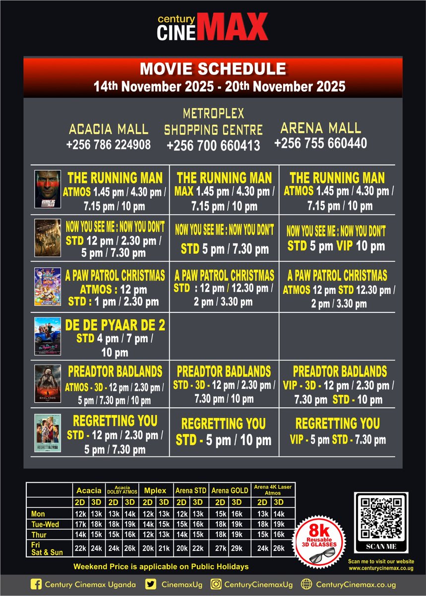 CinemaxUg's tweet image. #NewSchedule starting 14th to 20th Nov 2025
#newmovies
#PredatorBadlands #NowYouSeeMe
#therunningman #DeDePyaarDe2 Hindi with Eng Subs #APawpatrolchristmas #RegrettingYou