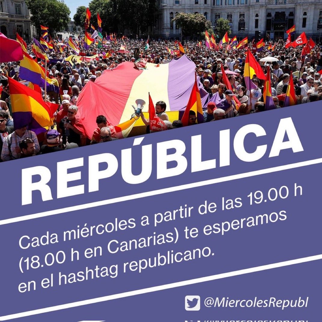 Recuerda que todos los miércoles a partir de las 19.00 h (18.00 h en Canarias), tuiteamos por la III República con el hashtag de <a href="/MiercolesRepubl/">Miércoles Republicano ❤️💛💜</a> 
Te esperamos, es tiempo de echar a los Borbones. ❤️💛💜