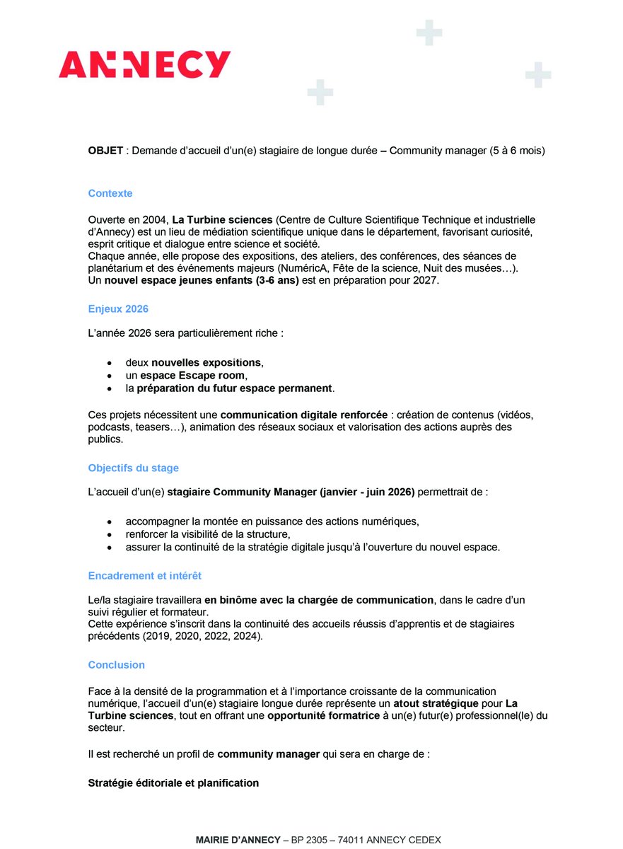 CCSTI74's tweet image. [Stage #communityManager]
💡Nous recherchons un(e) stagiaire de longue durée en CM pour une période de janvier à juin 2026
📌La Turbine sciences, #Annecy
👇 Voir détails de l&apos;offre
#AnnonceCSTI #stage #CSTgre #CSTcrewCommScientifique&amp;amp;Technique