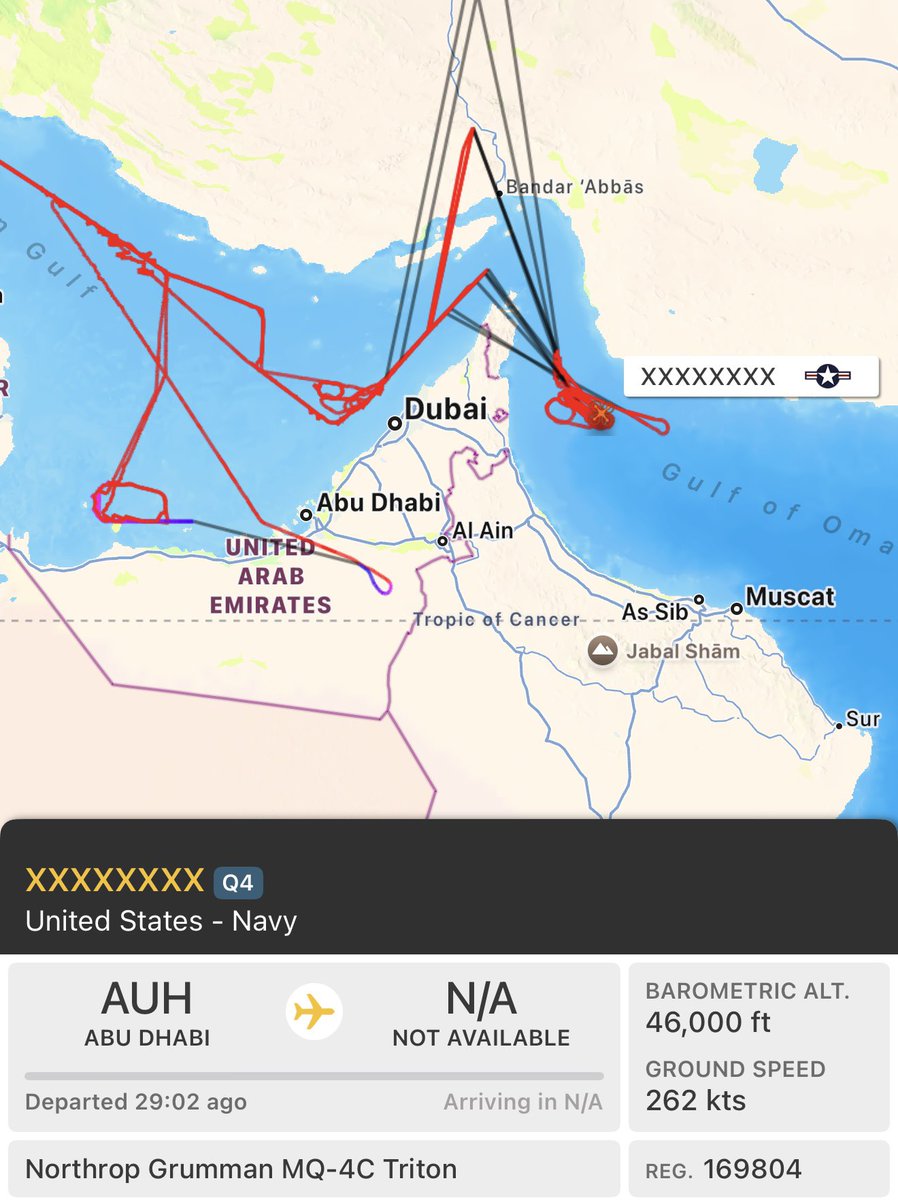 A U.S. Navy MQ-4C “Triton” High-Altitude Surveillance Drone is currently flying over the reported site of an unknown incident in the Arabian Sea, off the coast of the United Arab Emirates.