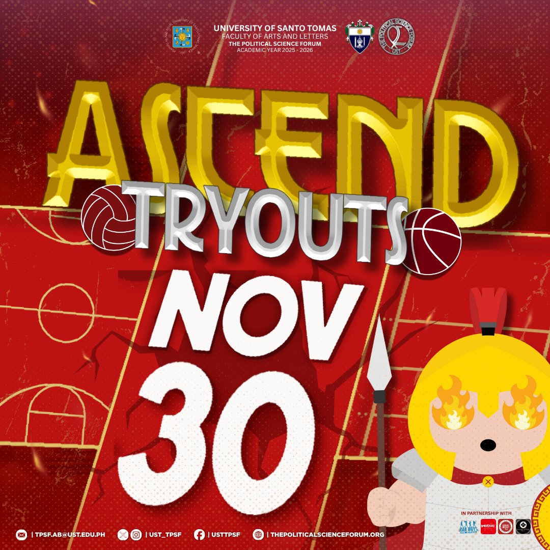 ust_tpsf's tweet photo. ⚔️ ASCEND: TPSF Call for Tryouts for TPSF Official Sporting Team 🏛️

Spartans, our climb begins now! 

Rise with purpose, play with valor, and prove your place among the finest. https://t.co/wo6egS3iEo