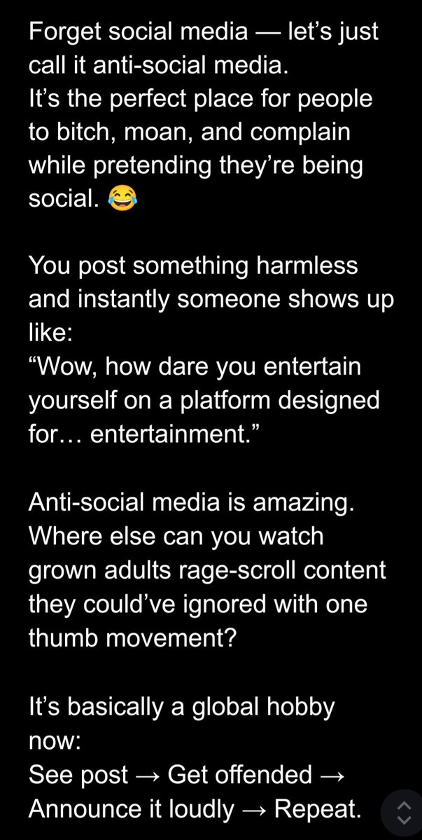 skullofinsanity's tweet image. Anti-social media in a nutshell.
Scroll, complain, repeat. It’s wild how people get offended by things they could ignore with one thumb swipe. 😂

#AntiSocialMedia #SocialMediaHumor #ScrollLife #OnlineChaos #TruthInHumor