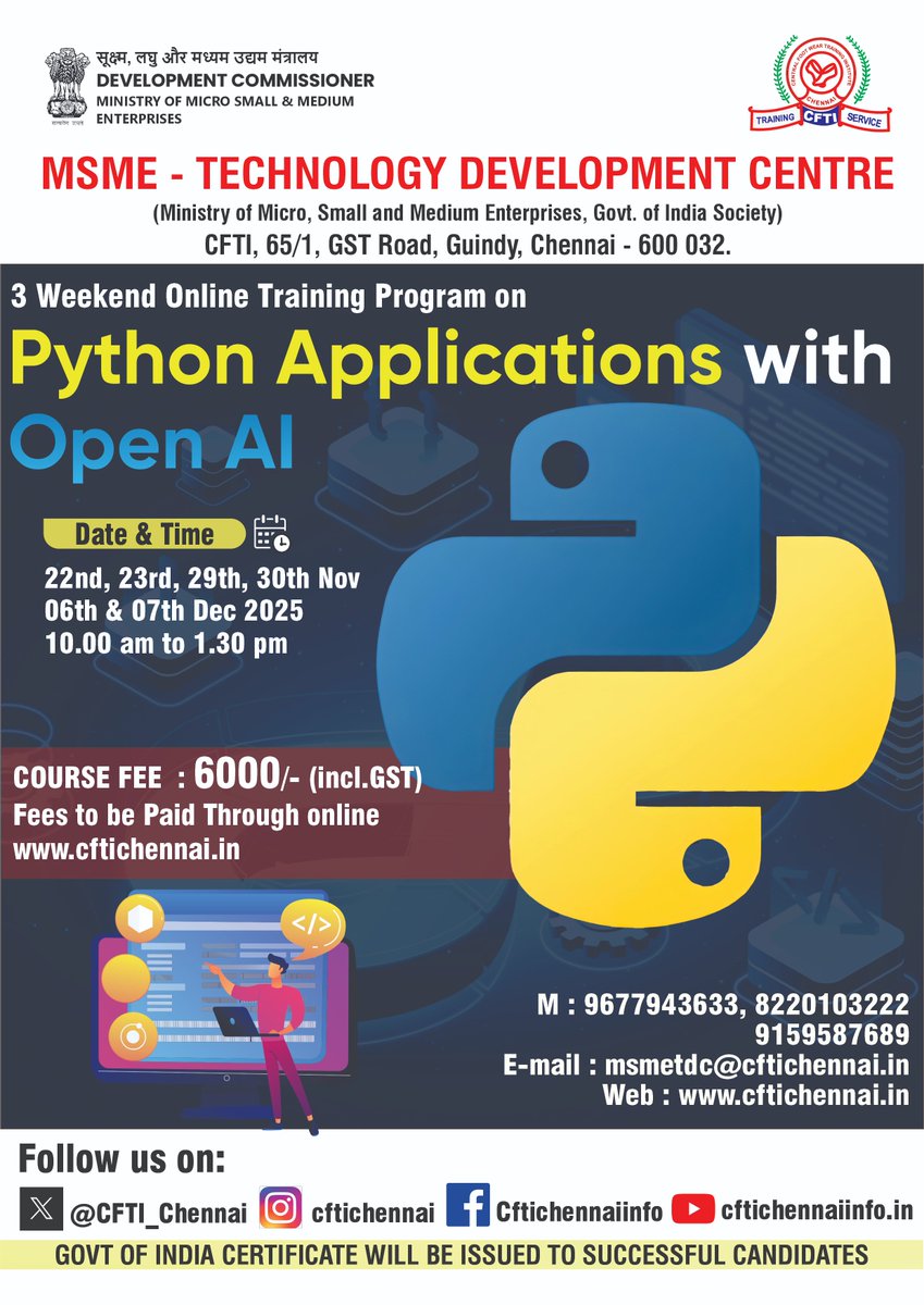 CFTI_Chennai's tweet image. 🌐 Dive into the future with our 3-weekend online training on Python Applications with OpenAI! 🚀 
Join us on Nov 22nd, 23rd, 29th, 30th, and Dec 6th, 27th, 10 AM - 1:30 PM. 
Master the skills for ₹6,000 (incl. GST)! 💻

📞 Call: 9677946363 / 8220103222

🌐 Visit:…