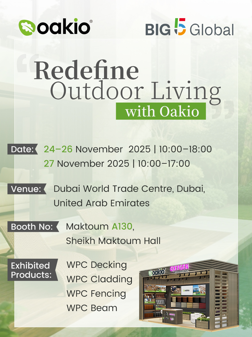 The team is getting ready for Dubai.

#Oakio is heading to Big 5 Global 2025, the world’s largest construction event.

Meet us there and see what’s new in #WPC design and outdoor living.

📅 Nov 24–27, 2025
📍 Dubai World Trade Centre
🔍 Stand Maktoum A130, Sheikh Maktoum Hall
