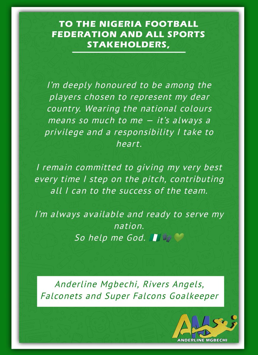 A_Mgbechi's tweet photo. I'm deeply honoured ❤️ 🇳🇬 

#AnderlineMgbechi #SafeHands #GraceInGloves #GoalkeeperGoals #DaughterOfGrace https://t.co/wBp5ywuXRV