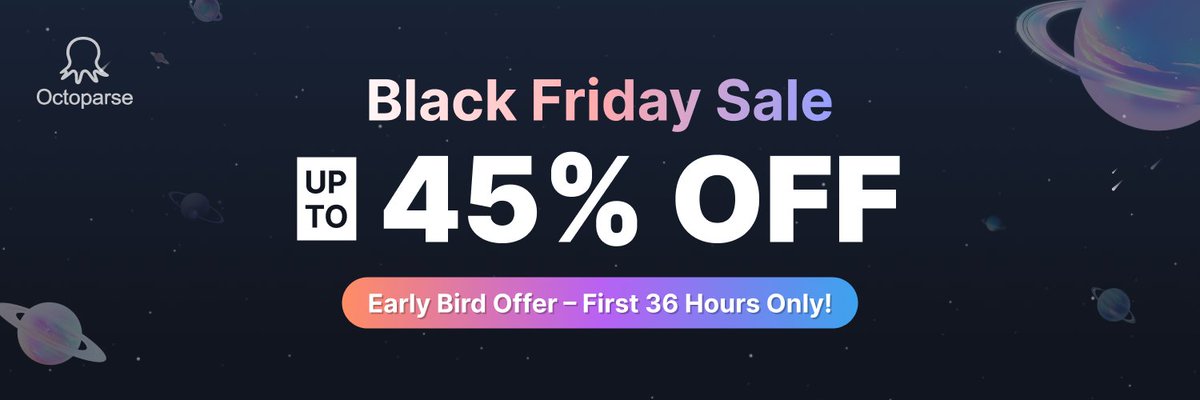 Octoparse's tweet image. 🚨 Black Friday is live at Octoparse! 🚨
Get ready to level up your data game — this epic opportunity lasts for a limited time only. ⚡
Link: tinyurl.com/2n4zukkk
#BlackFriday #Octoparse #WebScraping #DataAutomation