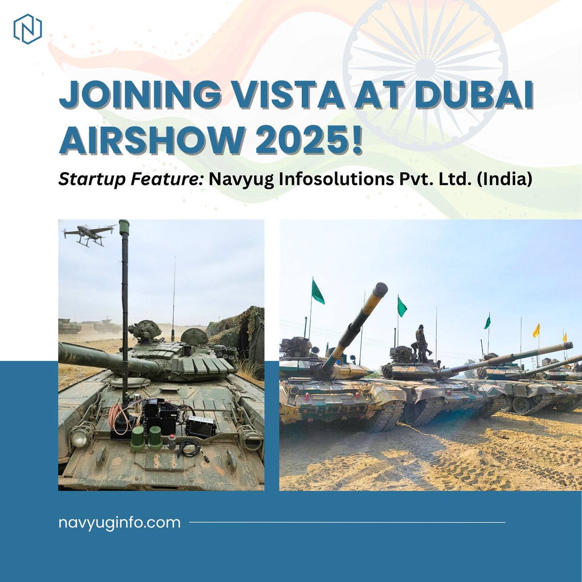NavyugDefence's tweet photo. Proud to showcase Navyug Infosolutions’ IFF systems, drones, and simulators at Dubai Airshow 2025—representing India on the global stage 🇮🇳✨
Joining VISTA at #DubaiAirshow2025
Startup Feature: Navyug Infosolutions Pvt. Ltd. (India)

#DefenseTech #VISTA #NavyugDefence #Navyug https://t.co/3EcoKG363F