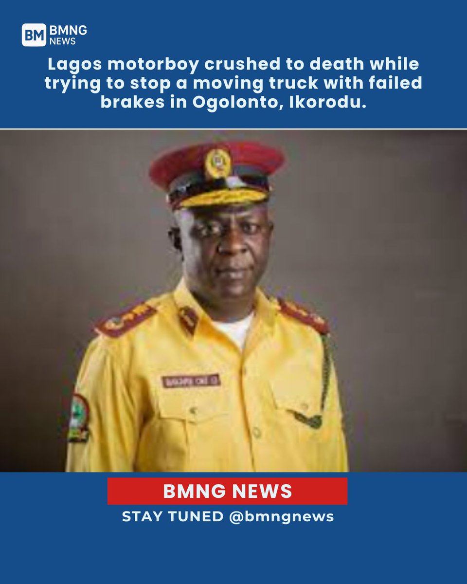 BmngNews's tweet photo. Lagos motorboy crushed to death while trying to stop a moving truck with failed brakes in Ogolonto, Ikorodu.

LASTMA arrested the driver and handed him over to police.
Officials say the tragedy was avoidable and linked to poor vehicle maintenance.
#BMNGNews | #Lagos | #RoadSafety https://t.co/rc9nsEVJpQ