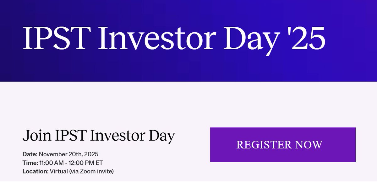 💫IPST Investor Day 2025💫

→ On 20th Nov, 2025 at 11:00 AM ET there will be virtual meeting via Google Zoom

→ Just as IP Strategy did with Data and currencies same as that, This will be $80T asset class ready to make IP tradable and yield bearable 
→ Story building rails
→