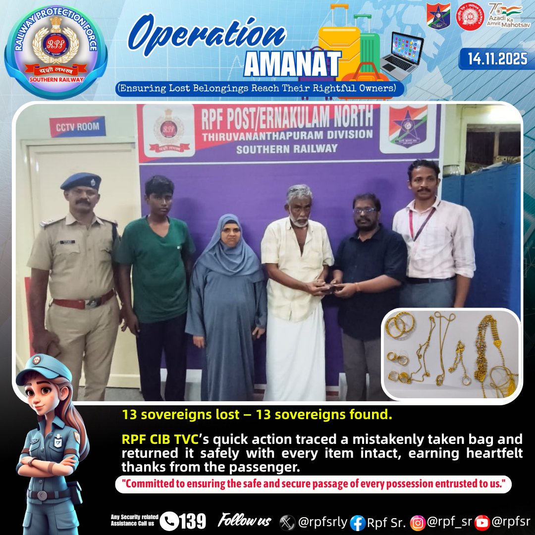 rpfsrly's tweet image. 13 sovereigns lost — 13 sovereigns found.💙✨
RPF’s quick action traced a mistakenly taken bag and returned it safely with every item intact, earning heartfelt thanks from the passenger.
#RPF #SwiftAction #PassengerSafety #RestoringFaith

@RailMinIndia @RPF_INDIA @GMSRailway