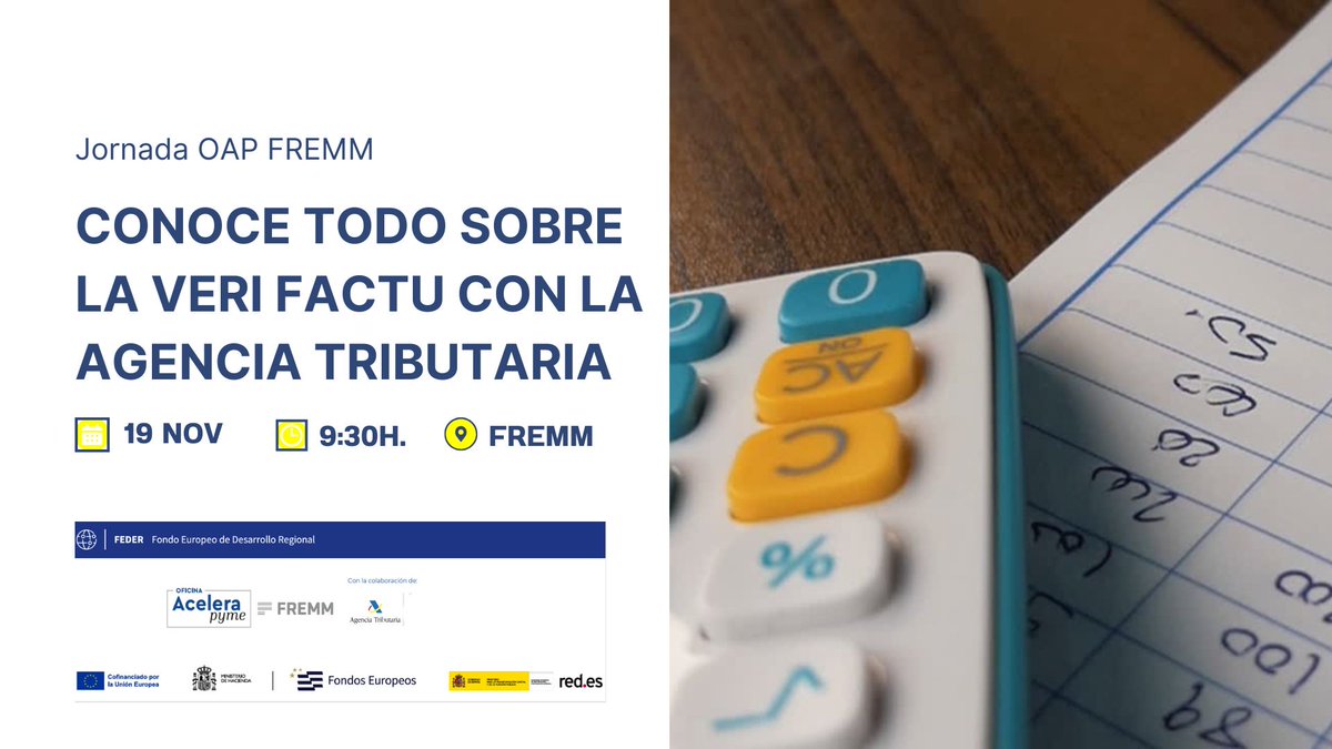 fremm_es's tweet image. 🏃 Gran oportunidad para adelantarte.

💸 Agencia Tributaria te explica #Verifactu, obligatoria  desde 1 de enero.
🔄 Junto a Oficina @Acelerapyme, adscrita a @fremm_es y abierta a todos:

ℹ️ tinyurl.com/22a3lju2
Red.es
#FEDER #OficinasAcelerapyme #AceleraPyme