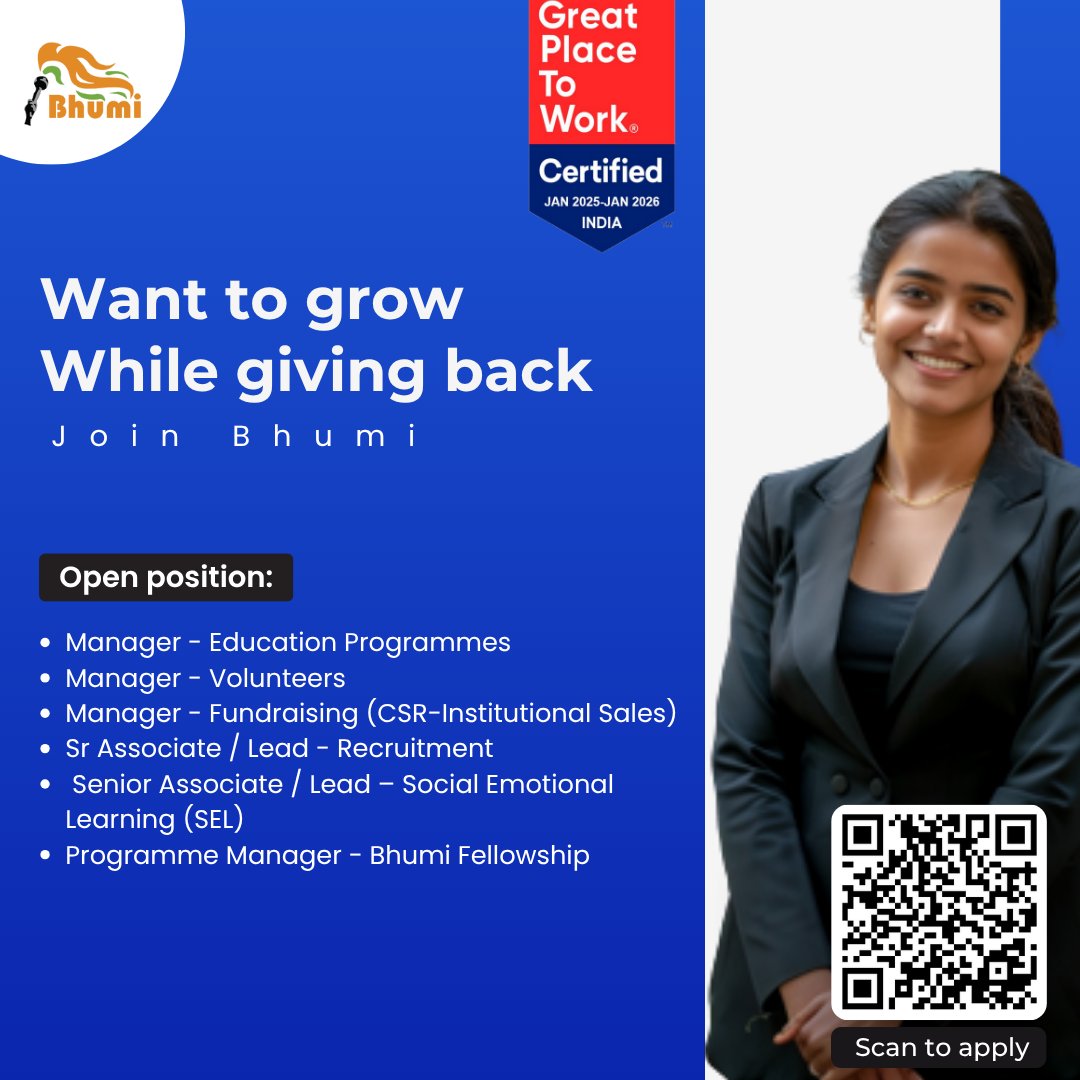 We are hiring! 

Join Bhumi and build a career that creates real impact. Multiple roles open across programmes, volunteers, fundraising, SEL &amp; more.

👉 Apply now: bhumi.zohorecruit.in/jobs/Careers

#Hiring #Bhumi #ImpactCareers