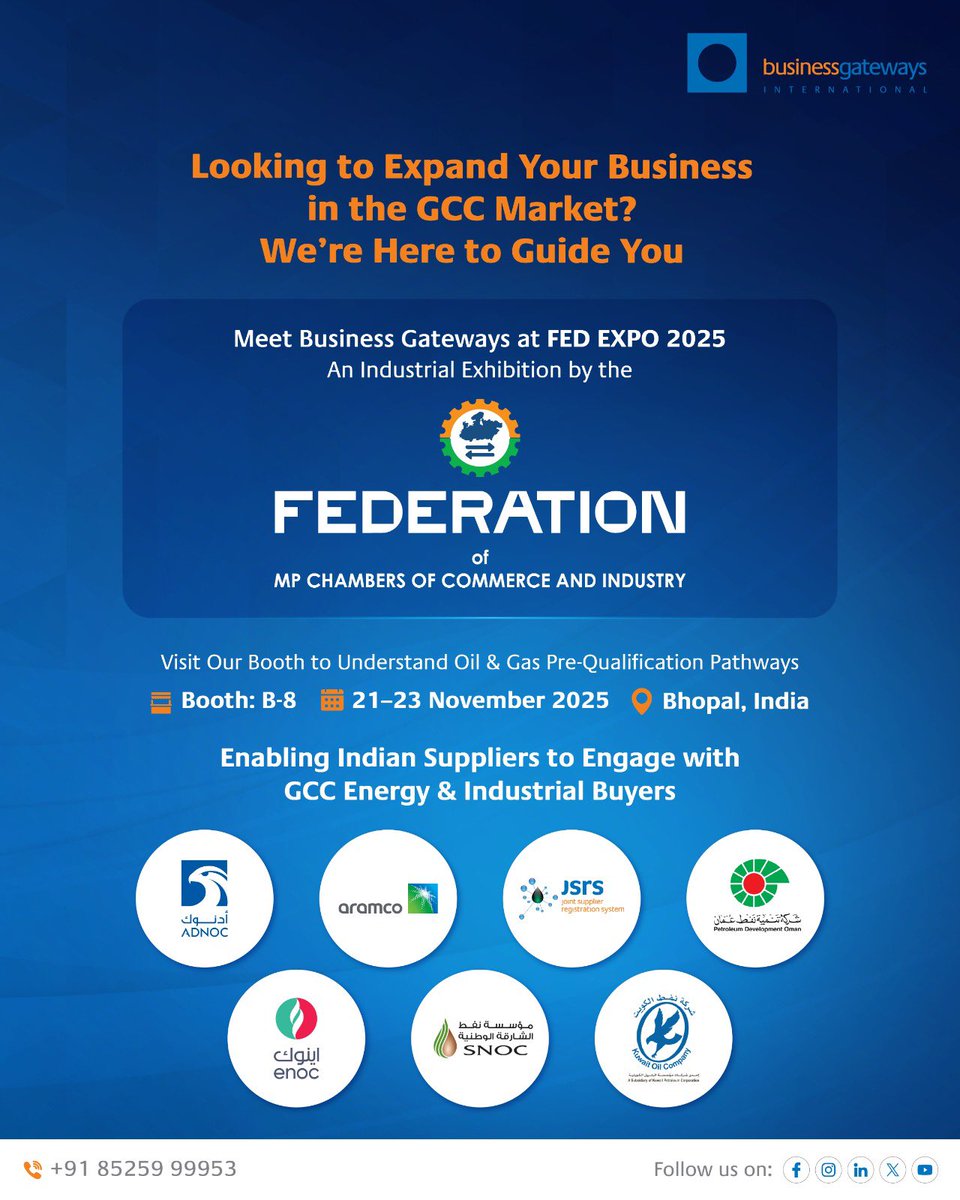 BGIinsights's tweet image. Connect your business with GCC Energy &amp;amp; Industrial buyers.

Meet Business Gateways at FED EXPO 2025 (Booth B-8, 21–23 Nov, Bhopal) to explore GCC vendor registration, PQ pathways &amp;amp; opportunities for Indian MSMEs.
Register: survey.businessgateways.com/zs/Ny4cni

#FEDExpo2025 #GCCMarkets #JSRS