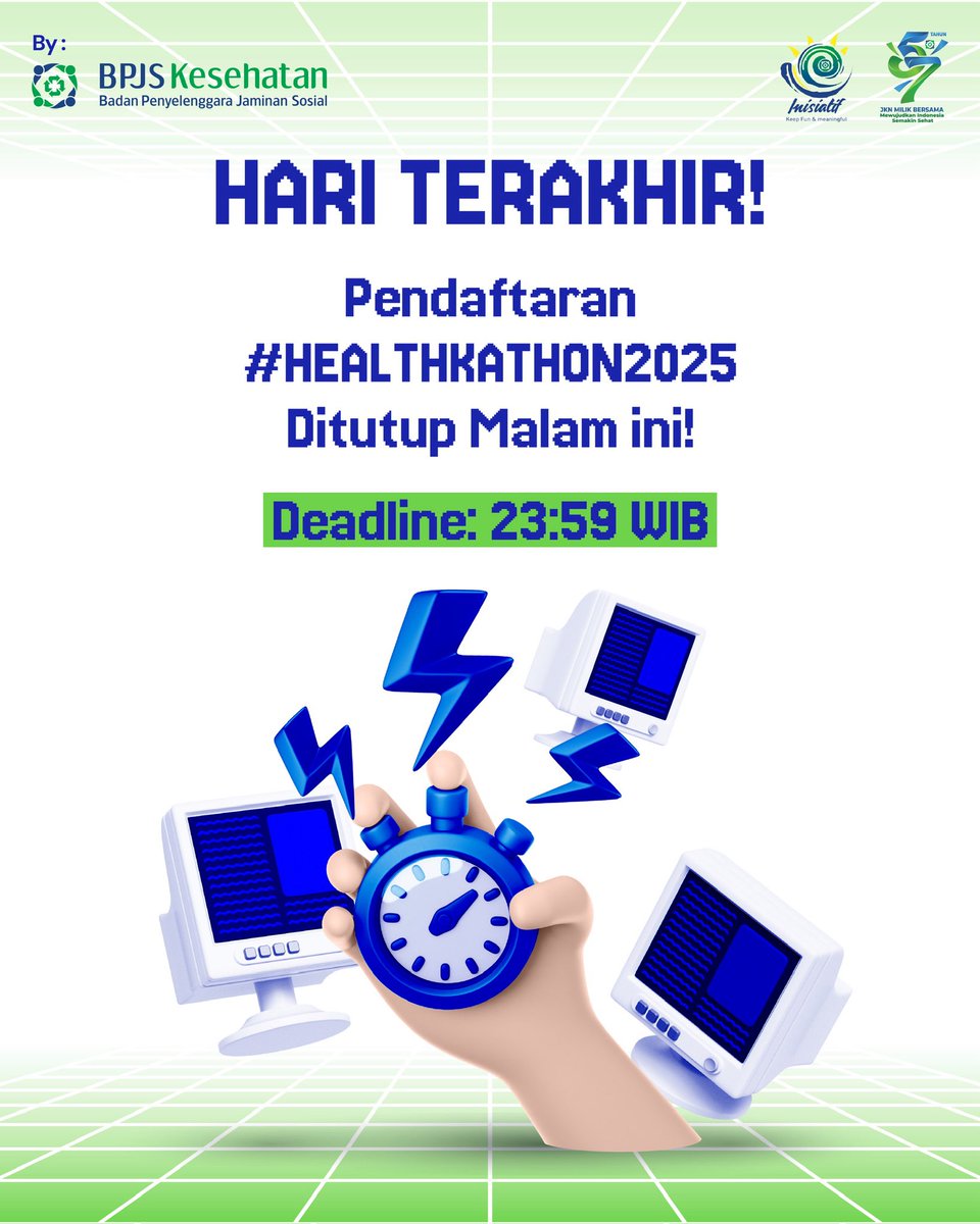 healthkathon_id's tweet image. 🚨 HARI TERAKHIR! PENDAFTARAN &amp;amp; SUBMIT HEALTHKATHON 2025 DITUTUP MALAM INI! 🚨

✅GRATIS &amp;amp; Terbuka untuk Umum

✅Checklist: Tim Lengkap 3 Orang + Ide 100% Siap!

⏰ Deadline: 23:59 WIB! Jangan sampai terlewat! 

#BPJSKesehatan #Healthkathon2025 #HackTheCode #DigitalHealth #JKN