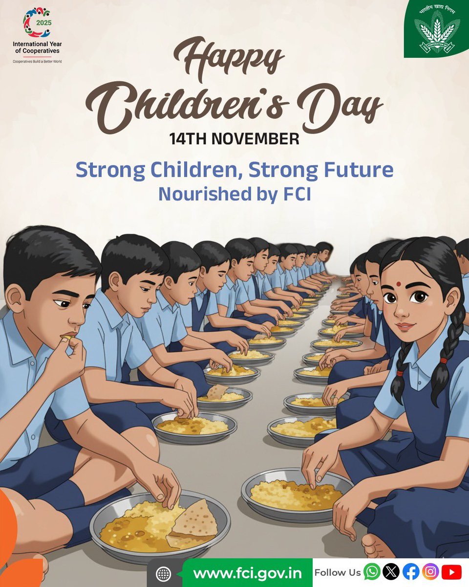 This Children’s Day, FCI celebrates the power of nutrition in shaping young dreams and building a healthier tomorrow.

#ChildrensDay #India

<a href="/FCI_India/">Food Corporation of India</a> 
<a href="/Fci_Telangana/">FCI_Telangana</a> 
<a href="/PIBConsumerFood/">PIB India_Consumer_Food & PD</a>