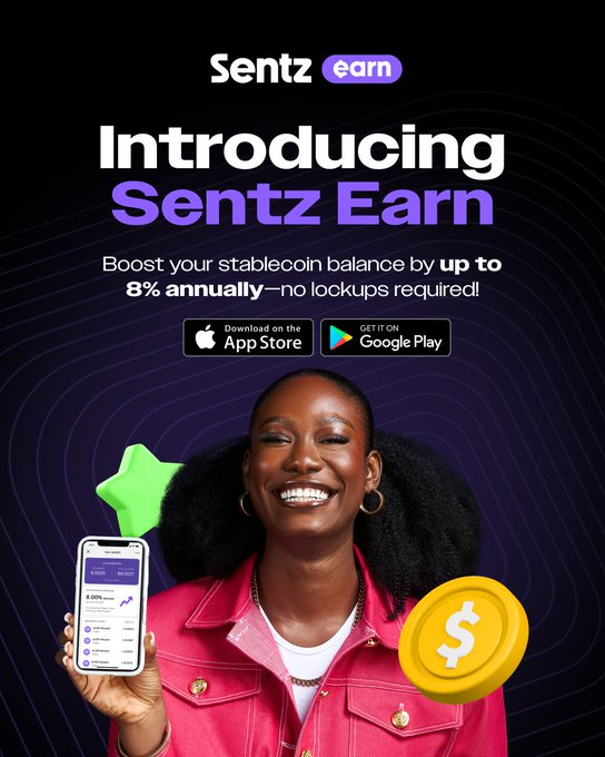 mayorofnexus's tweet photo. I have been looking for a simple way to earn on stablecoins without locking everything up.
Tried @sentzapp_ng  Earn today and it just makes sense — daily rewards, withdraw anytime, and up to 8% on eUSD.
This is how saving should feel.

Link: https://t.co/nQ1Ja6BS5o

#SentzEarn https://t.co/8h1sPfJoZ0