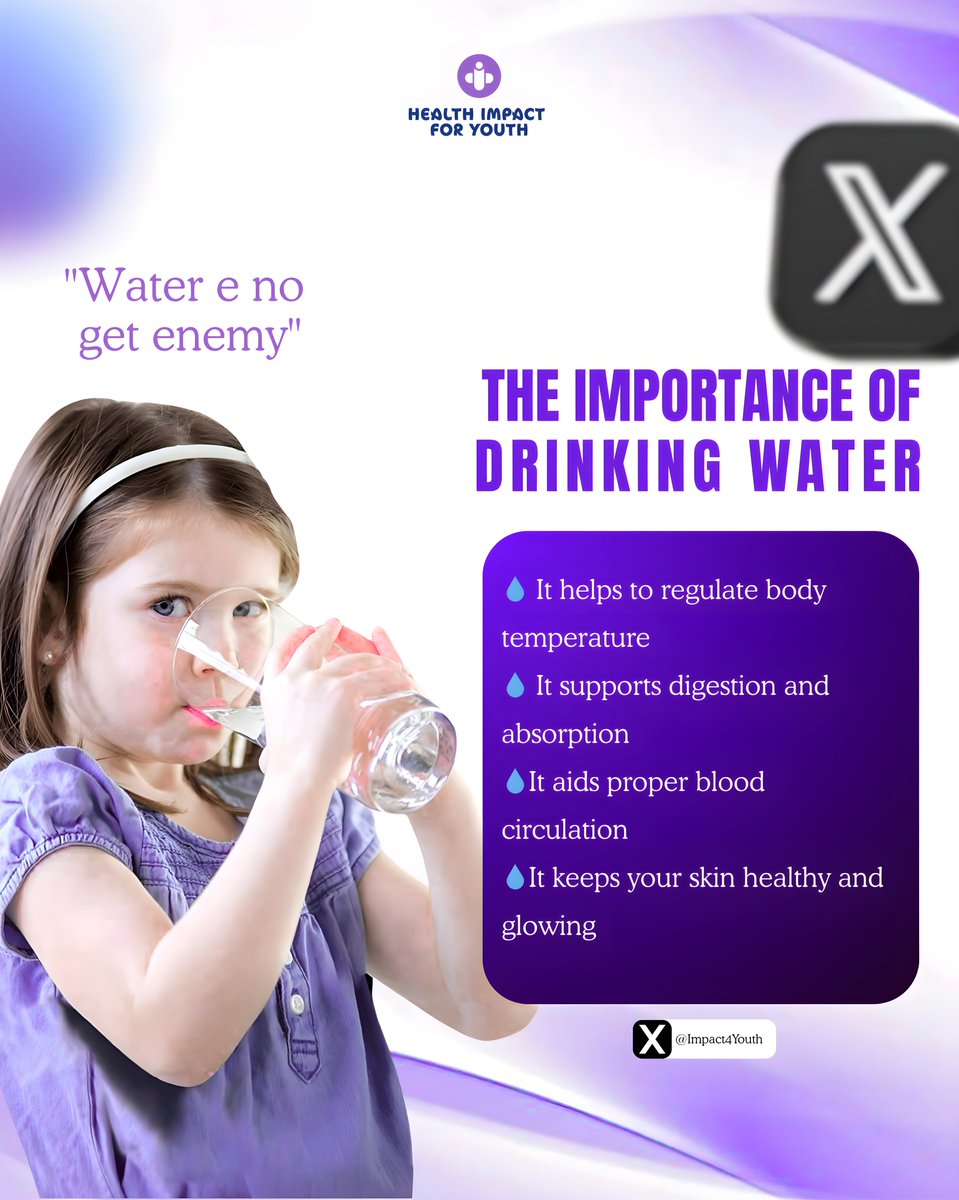 Impact4Youth's tweet photo. Water is never your enemy unless you’re planning on drinking gallons of it in a day.
1.5 - 2 liters per day is preferred.
Beyond being refreshing, water plays a vital role in maintaining overall health and well-being.
#HI4Y
#healthcare
#HealthyLiving https://t.co/OFgVp8SNr0