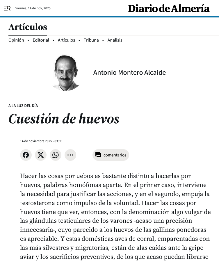 ----------
CUESTIÓN DE HUEVOS | Antonio Montero Alcaide
Diario de Almería - A la luz del día
diariodealmeria.es/opinion/articu…
#DiariodeAlmeriaAlaluzdeldia #AntonioMonteroAlcaide