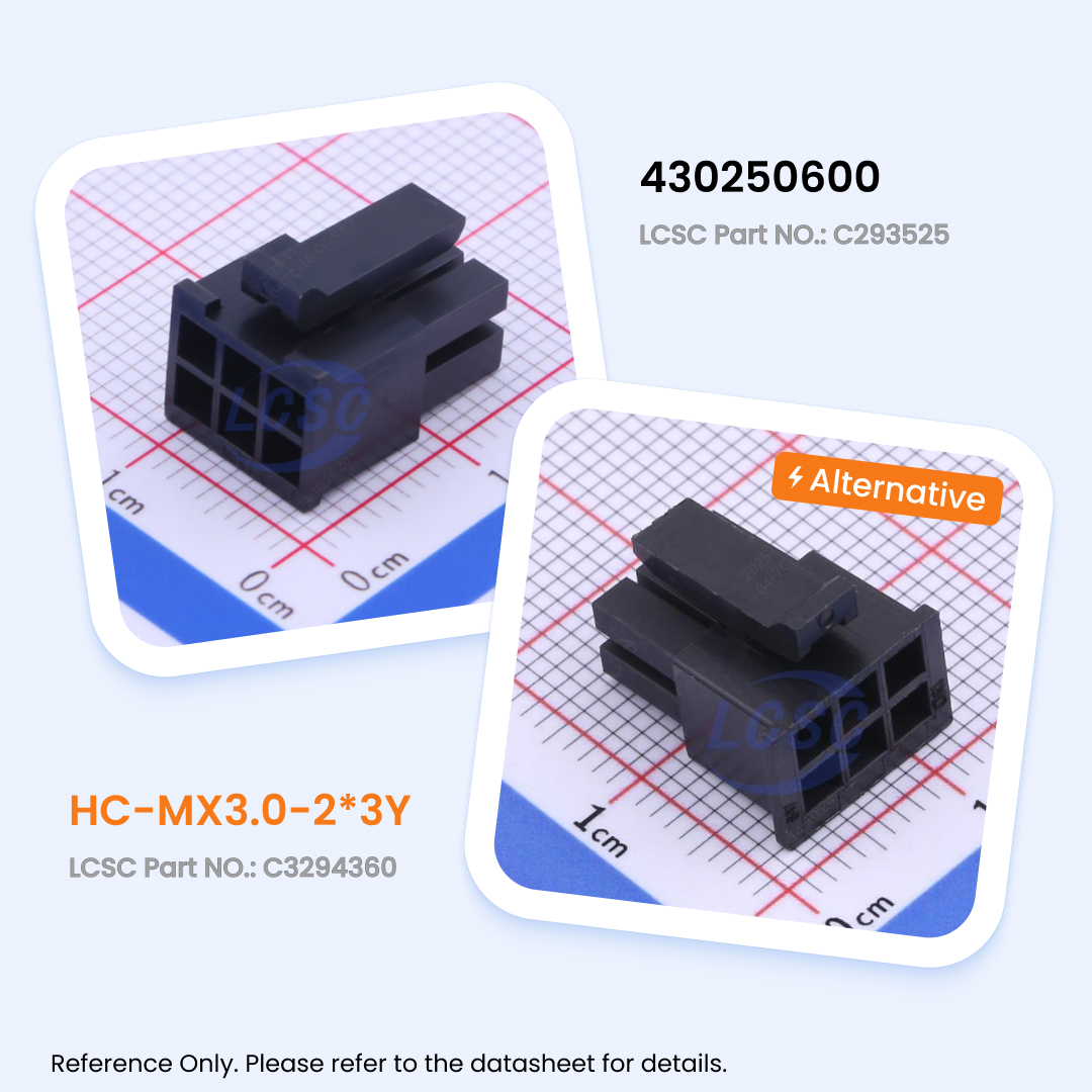 lcscelectronics's tweet image. Need a 3.0 mm connector option?
430250600 and HC-MX3.0-2×3Y follow a similar footprint and can support flexible sourcing decisions.

#hardwaredesign #electronicsengineering #connectors
