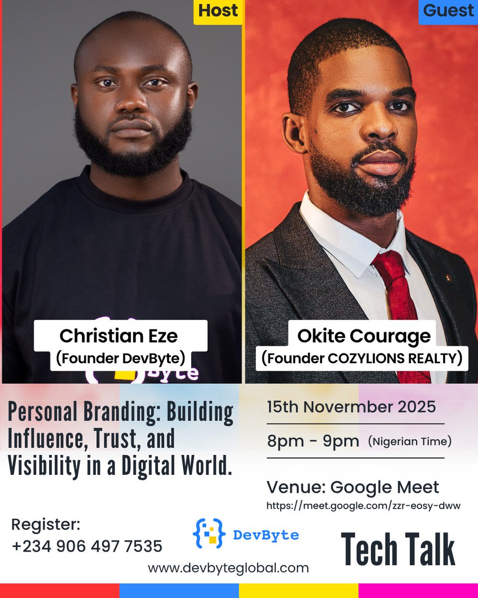 Devbytecomunity's tweet image. We’re thrilled to announce our next DevByte Tech Talk, featuring Okite Courage, the visionary Founder of COZYLIONS Realty and Vice Chairman of the South East Realtors Group — widely known as Cozy of Africa.
whatsapp.com/channel/0029Va…