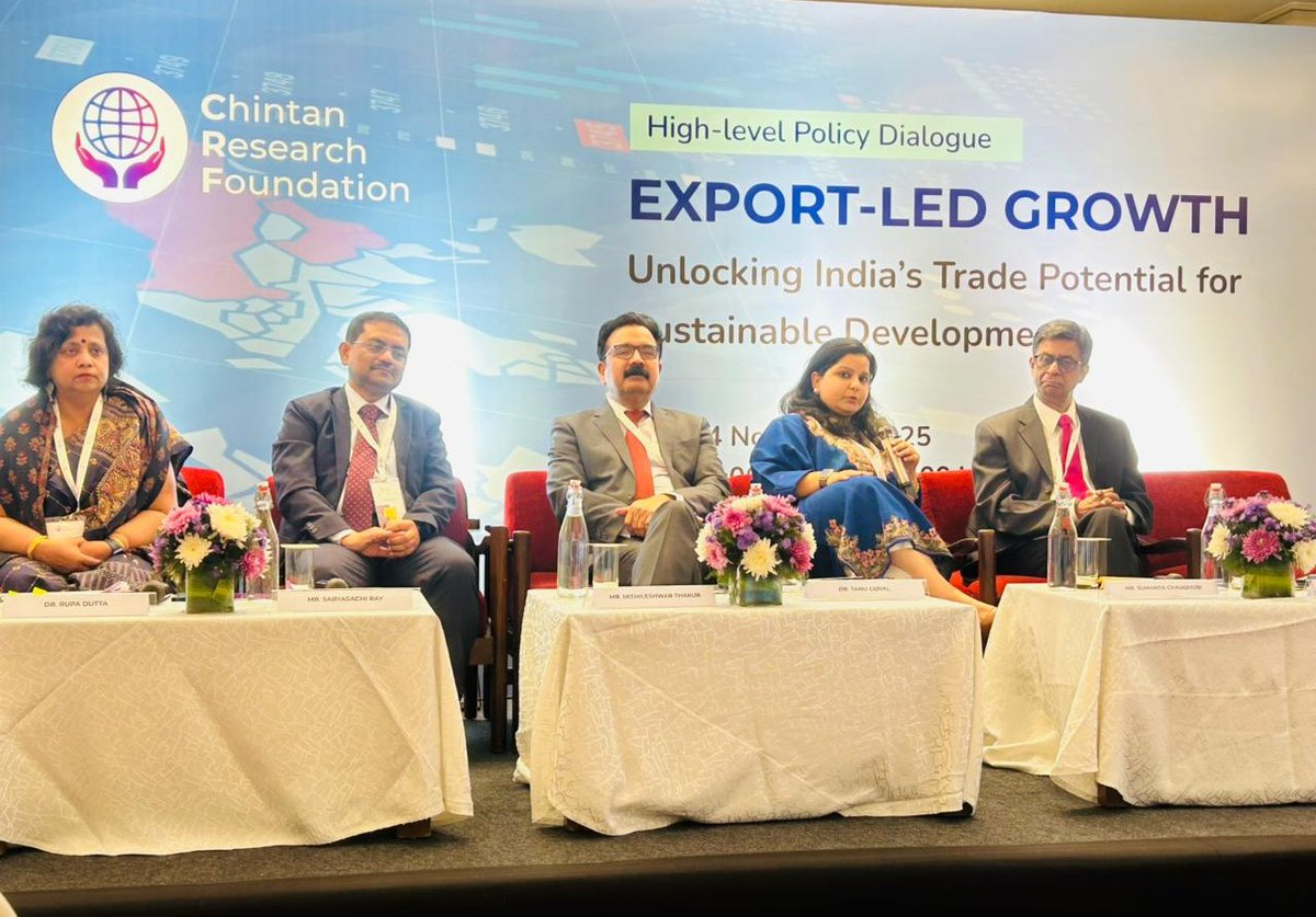 ChintanResearch's tweet photo. #CRFLive
Dr. @_tanugoyal, Senior Fellow, @ICRIER, underscores the scale of India’s trade ambition and the gaps that need urgent action.

Key points:
• India aims for $2 trillion in overall #Trade by 2030, but the last decade’s ~4.5% annual growth is far too slow.

• Meeting the target requires 3× the current growth, even higher for sectors like #Apparel.

• India’s enterprise base is MSME-heavy: 70 million #Udyam-registered units, 99% of them micro or small with low productivity.

• Access to finance remains the biggest barrier due to high borrowing rates.

• India’s digital public infrastructure can help - #MSMEs need new credit-assessment tools, and the Unified Lending Interface (ULI) could be helpful.

#CRFTradeEvent #PanelDiscussion #Trade #GlobalTrade #IndiaExport #EconomicGrowth #SustainableDevelopment #PolicyReform #ChintanResearchFoundation