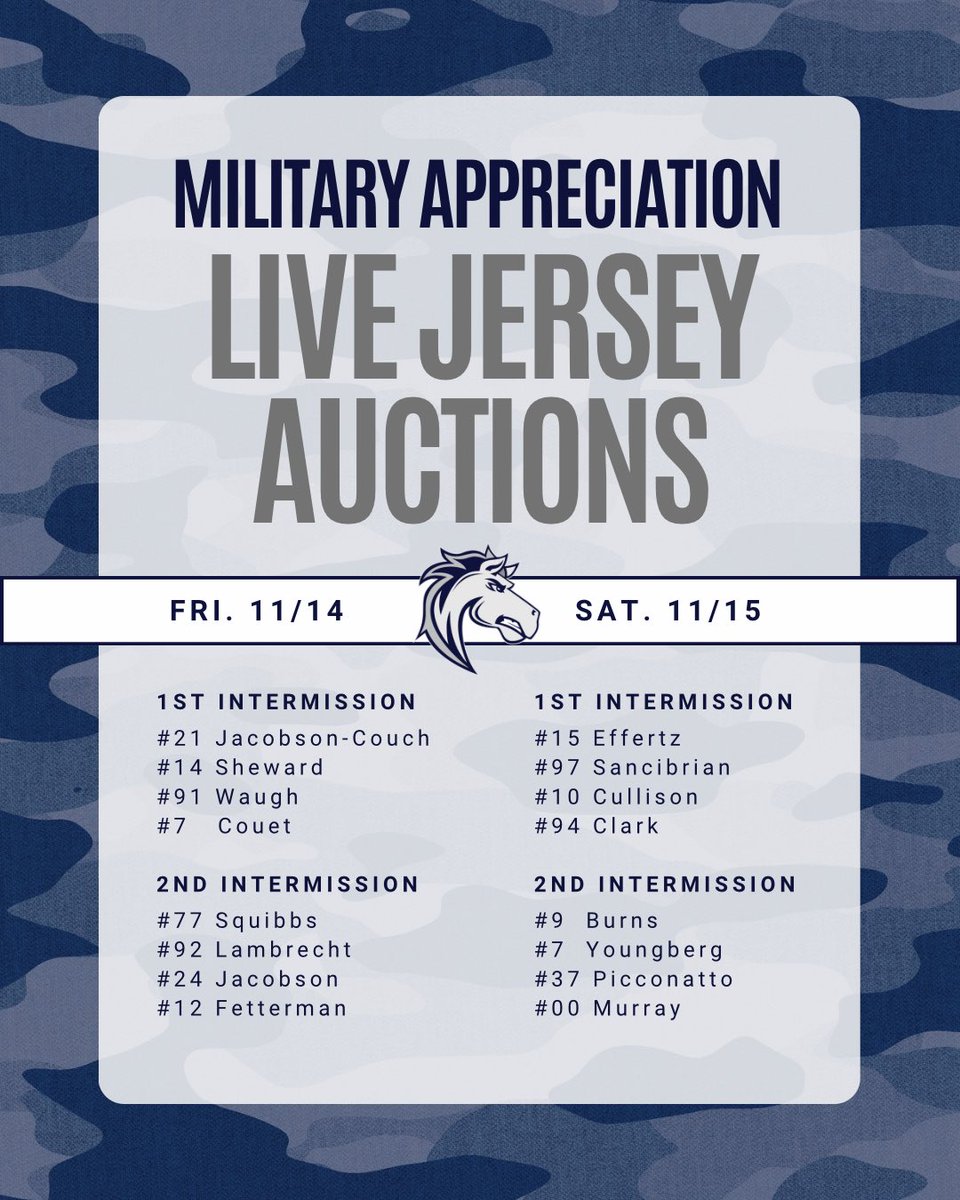 Participate in our live jersey auctions this weekend for Military Appreciation! Win your favorite players jersey, support the troops, and watch some great Mustangs hockey. The remainder of the jerseys can be bid on now through Saturday 9pm on Galabid!

galabid.com/military2025