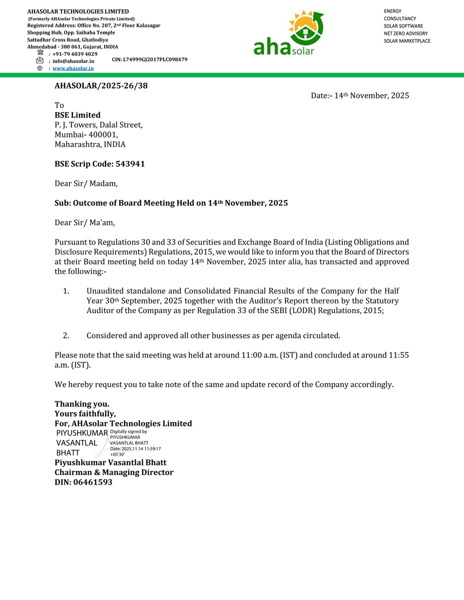 nileshkurhade's tweet photo. 📌 Ahasolar Technologies Ltd informed the exchange about its approval for the financial results for the period ended September 30, 2025. #SME #AHASOLAR 📄🧾 https://t.co/gkLktAeLbQ