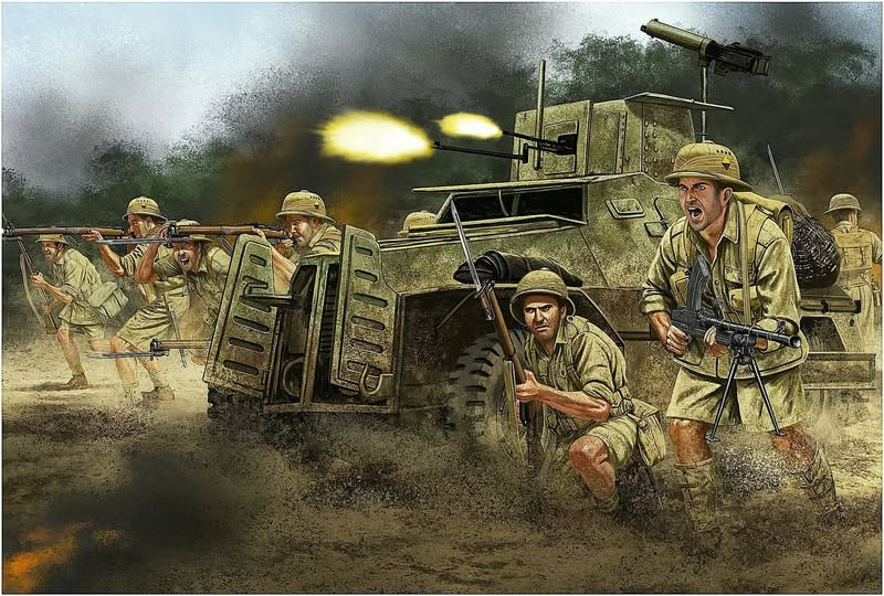 The Crossing of the Juba River 19 February 1941 Italian Somaliland. South African Forces 1st Division. Artwork by Johnny Shumate.