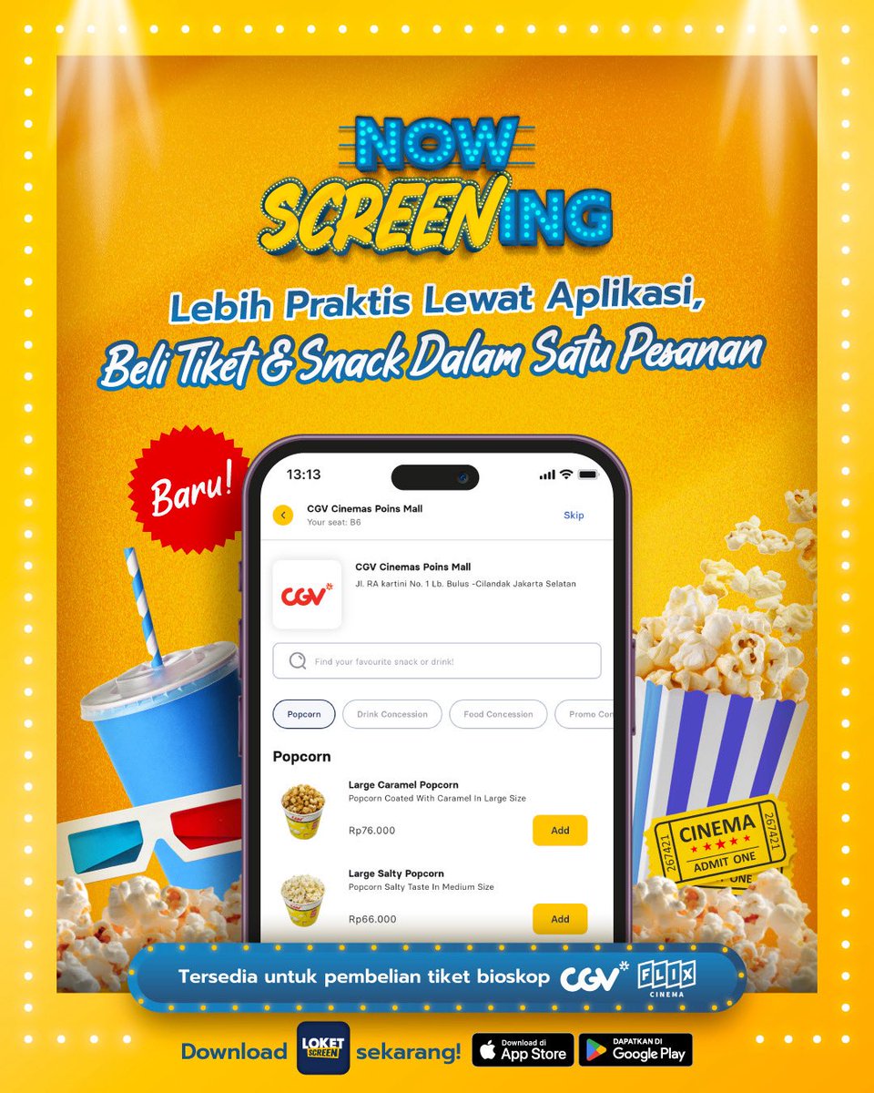 Kata Mimin sih kamu nggak bisa kalo nonton nggak sambil ngemil kan ~

Buat kamu orang-orang yang gak bisa nih kalau nonton film di bioskop nggak sambil ngemil, kamu bisa pesan camilan di aplikasi LOKET Screen khusus buat kamu yang beli tiket nonton di <a href="/CGV_ID/">CGV Cinemas</a> dan <a href="/FLIXCinema_ID/">FLIX Cinema</a> !