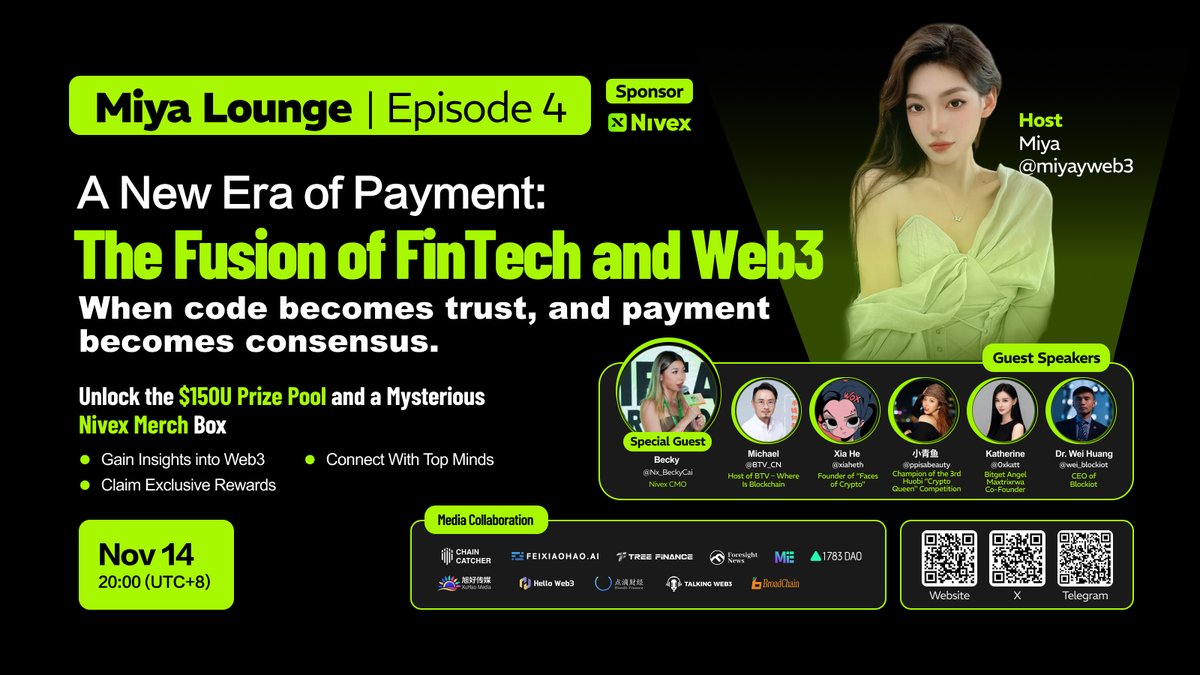 nx_Labs's tweet image. 🔥 Mark your calendars — Nivex x Miya Lounge Ep.4 is going LIVE soon!

🚀 Ready to talk FinTech, Web3, and the future of payments?

🗓 Nov 14 | 20:00 (UTC+8)

🎤 Host: @miyayweb3
🌟 Guests: @Nx_BeckyCai (Nivex CMO) &amp;amp; @BTV_CN &amp;amp; @xiaheth &amp;amp; @ppisabeauty &amp;amp; @0xkatt &amp;amp; @wei_blockiot

🤝…