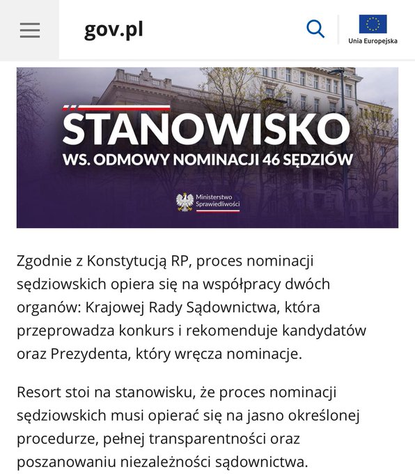 Official government document from Ministerstwo Sprawiedliwości with EU and Polish flags at top, featuring title STANOWISKO W SPRAWIE NOMINACJI SĘDZIÓW and text discussing agreement with the Constitution of the Republic of Poland on the judicial nomination process involving the Krajowa Rada Sądownictwa presenting candidates to the President for verification, emphasizing judicial independence.