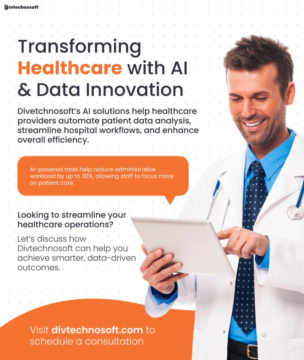 divtechnosoft's tweet image. Healthcare is getting a major boost with AI &amp;amp; data innovation! At @divtechnosoft , we’re helping healthcare providers make the most of their patient data, improve workflows, and boost efficiency.

Ready to make your healthcare operations smarter? Let’s connect!

#healthTech
